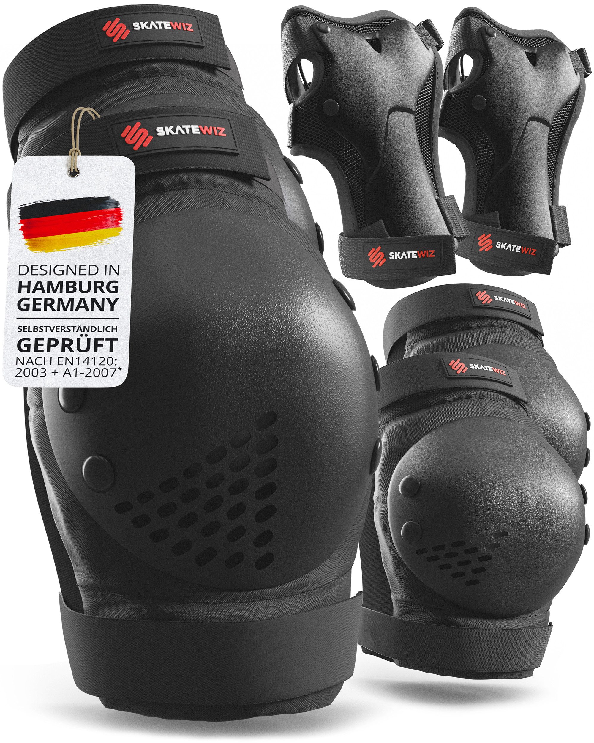 SKATEWIZ Protektoren-Set SMASH Knieschoner Kinder Inliner Schoner Erwachsene Protektoren Set (Schonerset Inliner skates Mädchen Schützer, 6-tlg., Inliner Schoner mit Knie-, Ellenbogen- und Handgelenkschützer), Schützer Inline Skates Kinder Schlittschuhe Schoner