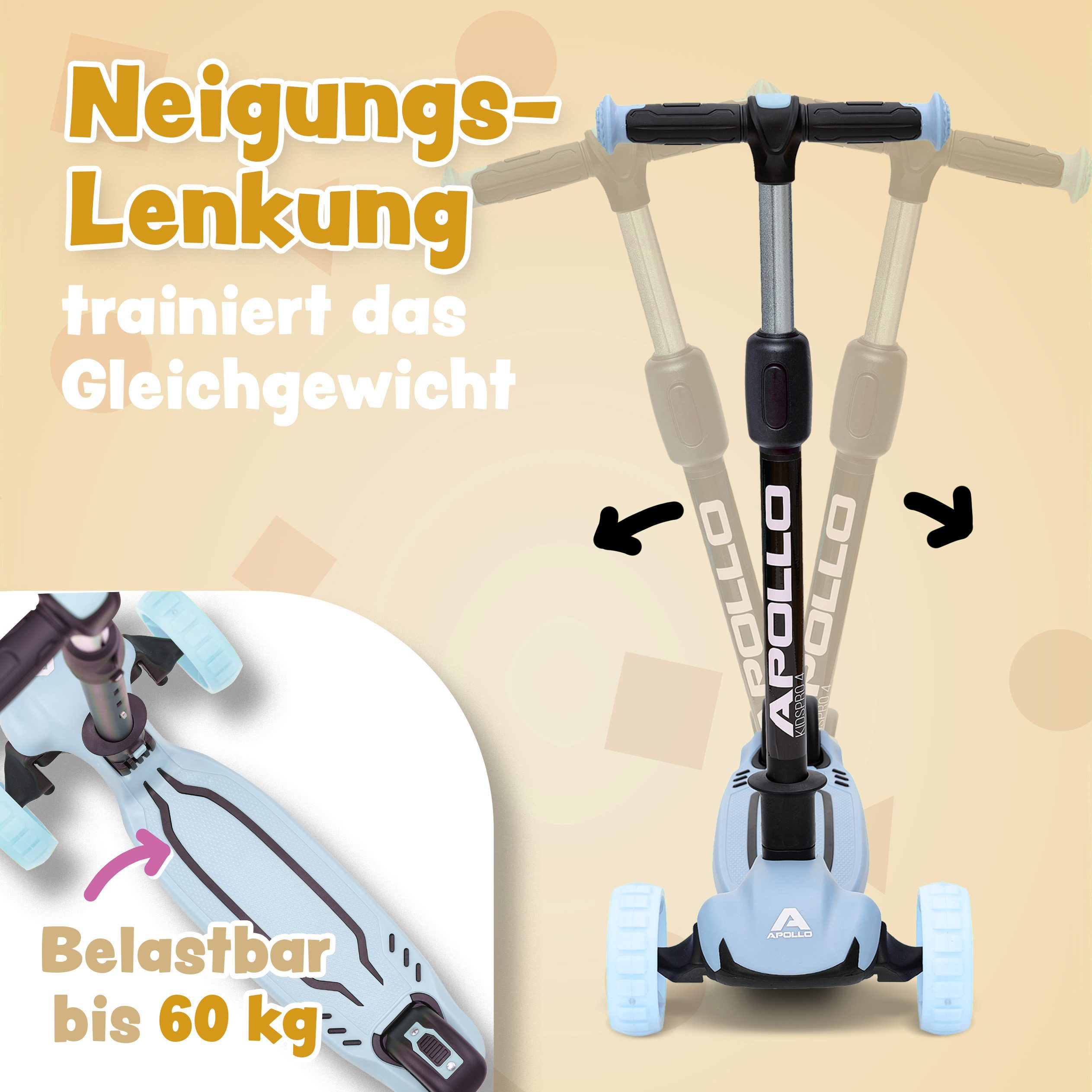 Apollo Dreiradscooter LED Kinderscooter Kids pro 4, Kinderroller mit LED Wheels, höhenverstellbar Für Kinder ab 3 Jahren