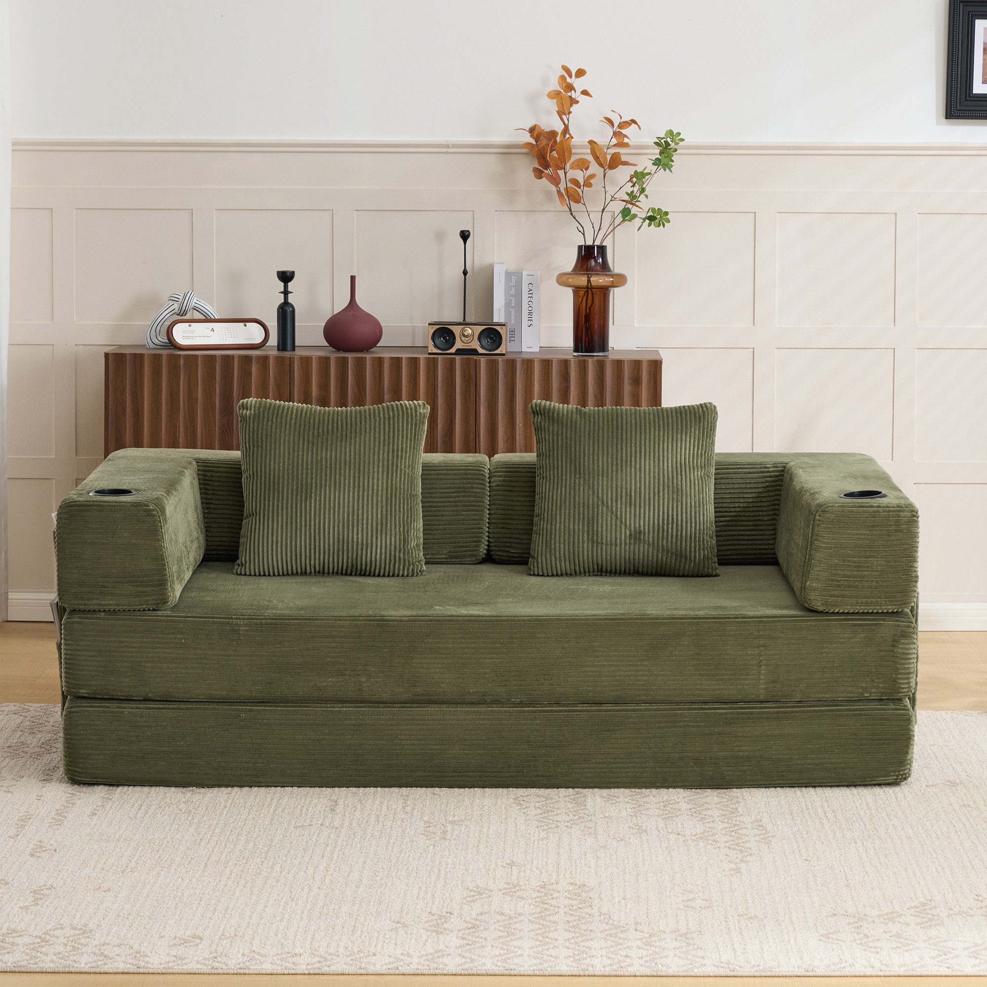 Vankel Loungebett Sofas Wohnzimmer, Sofa mit Schlaffunktion aus Cord mit Cupholder, Faltbares Schlafsofa mit Seitentaschen, Cupholdern und ohne Montage