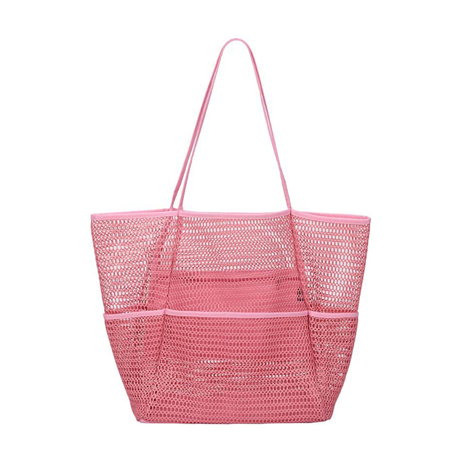 MAGICSHE Trachtentasche Netz-Strandtasche mit Innentasche mit Reißverschluss, zusammenklappbare Einkaufstasche Reisen für den Strand-Familienkäufer Rosa