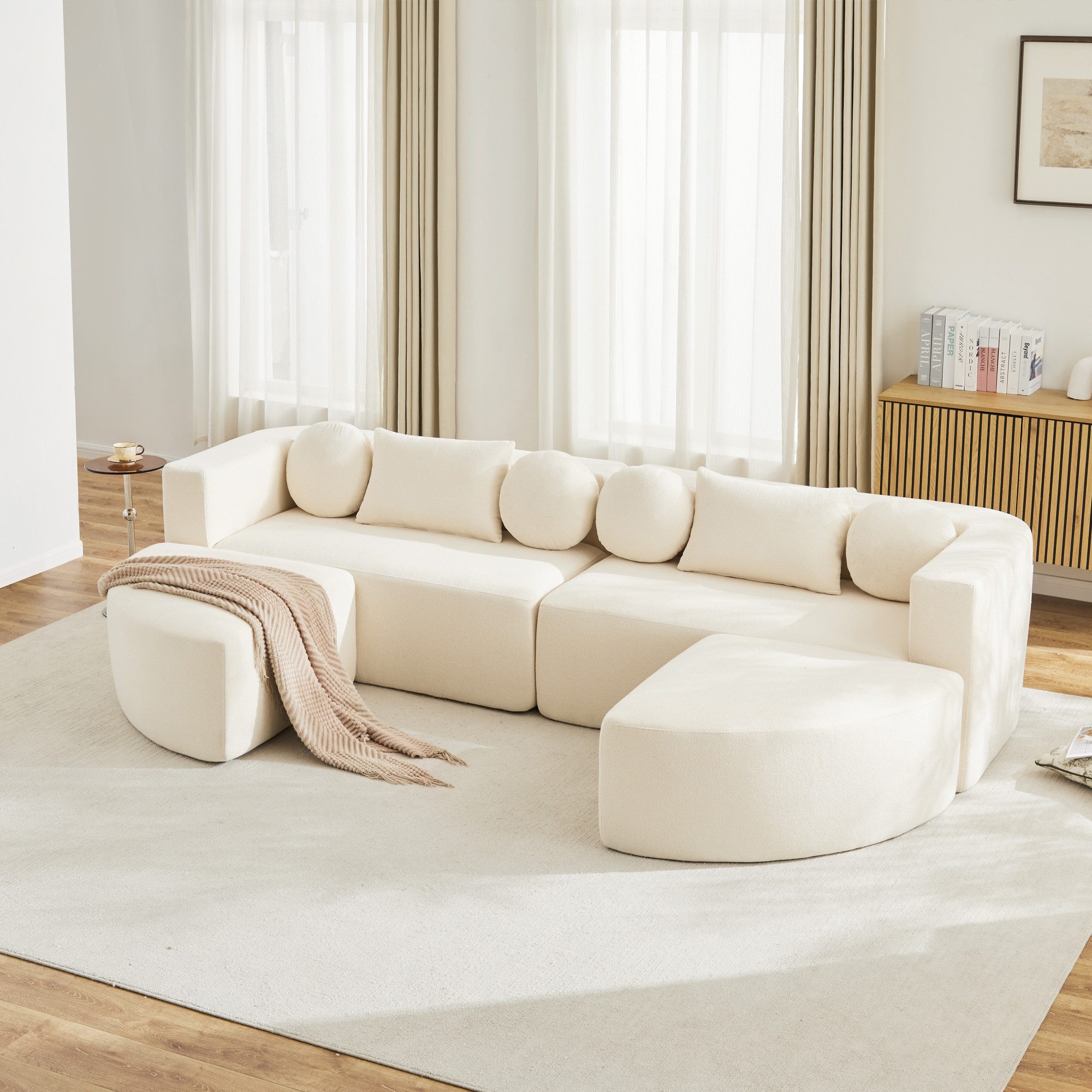 Merax Ecksofa 4-Sitzer Sofa, U-förmiges Modulare Schlafcouch mit Schlaffunktion, 1 Teile, Vollkomprimierte Cloud Couch, Chenille Soffa, Ohne Montage
