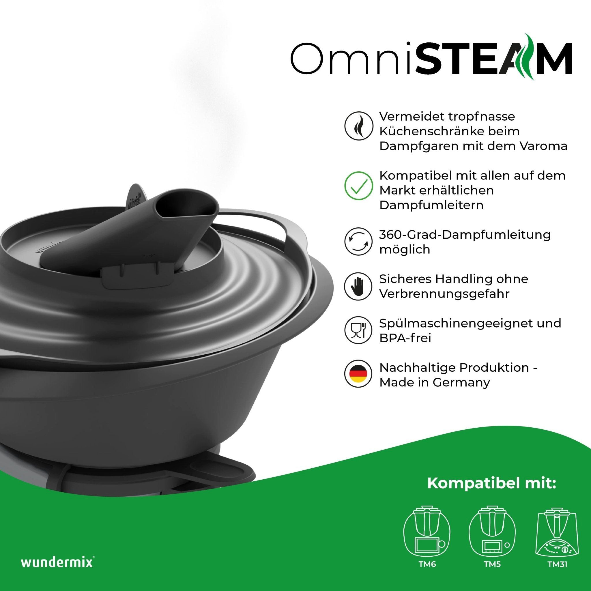 Wundermix Dampfgaraufsatz OmniSteam® für Thermomix, Zubehör für TM6, TM5, TM31, Varoma-Deckel für Dampfumleiter - MADE IN GERMANY