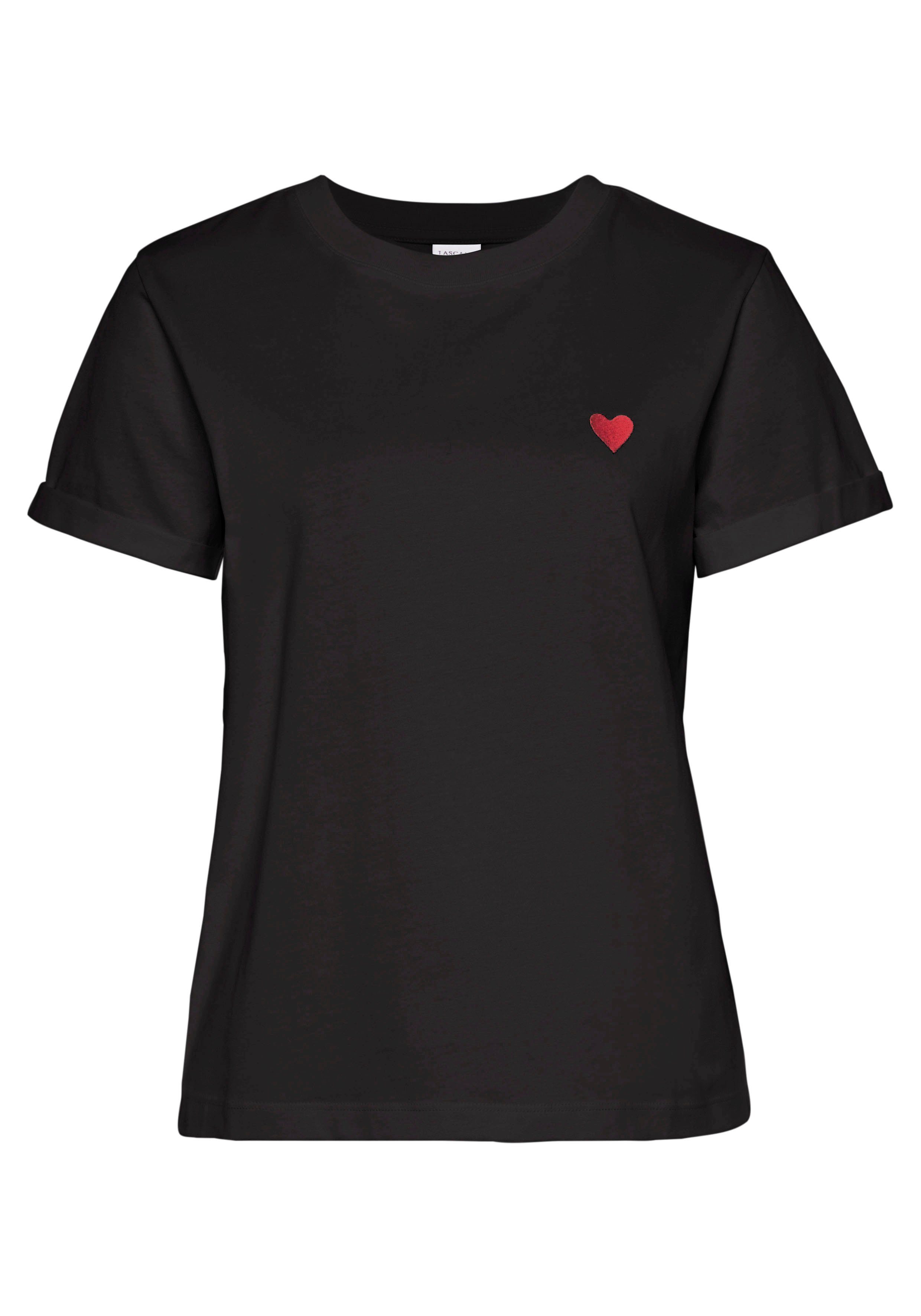 mit aus LASCANA schwarz Kurzarmshirt süßer Baumwolle T-Shirt Herz-Stickerei,