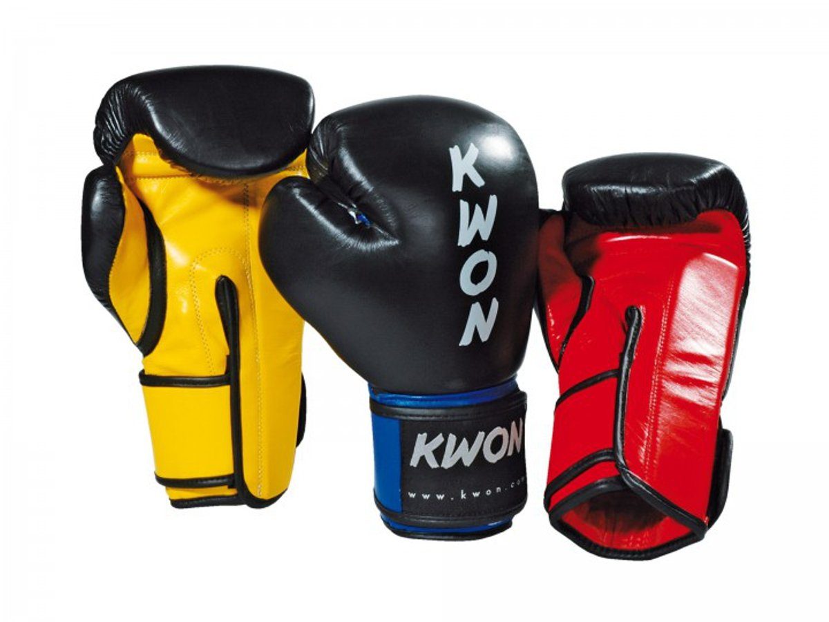 KO anerkannt Echtes WKU Boxen Leder Kickboxen Profi KWON (Vollkontakt, Box-Handschuhe Form, Ausführung, Champ schwarz/gelb Ergo Paar), Thaiboxen Profi Leder, Boxhandschuhe