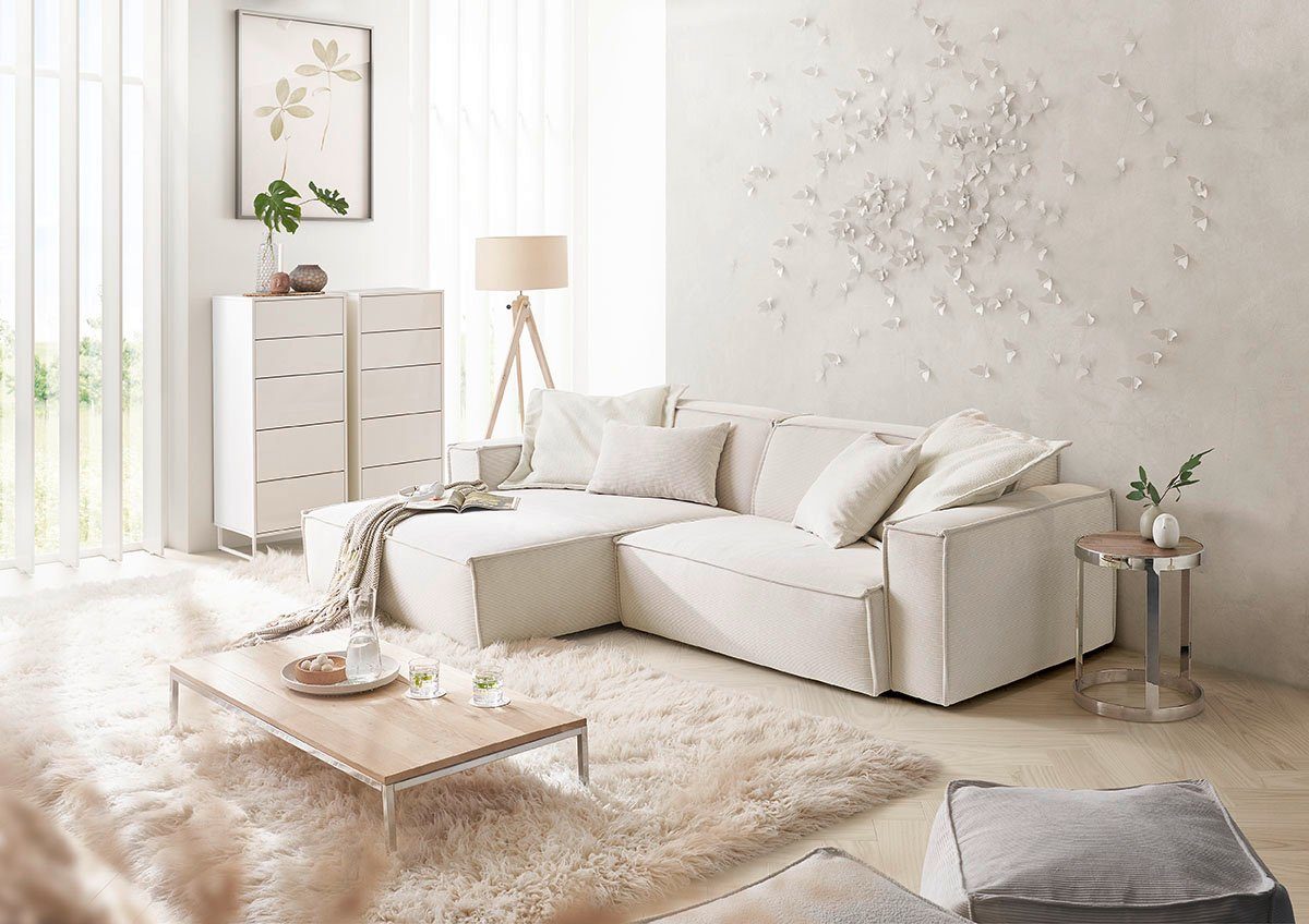 3C Candy Ecksofa Matteo in elegant, kubischer Formensprache, bequem, L-Form, mit auffälliger Kedernaht, Feincord-Bezug, Lounge-Charakter