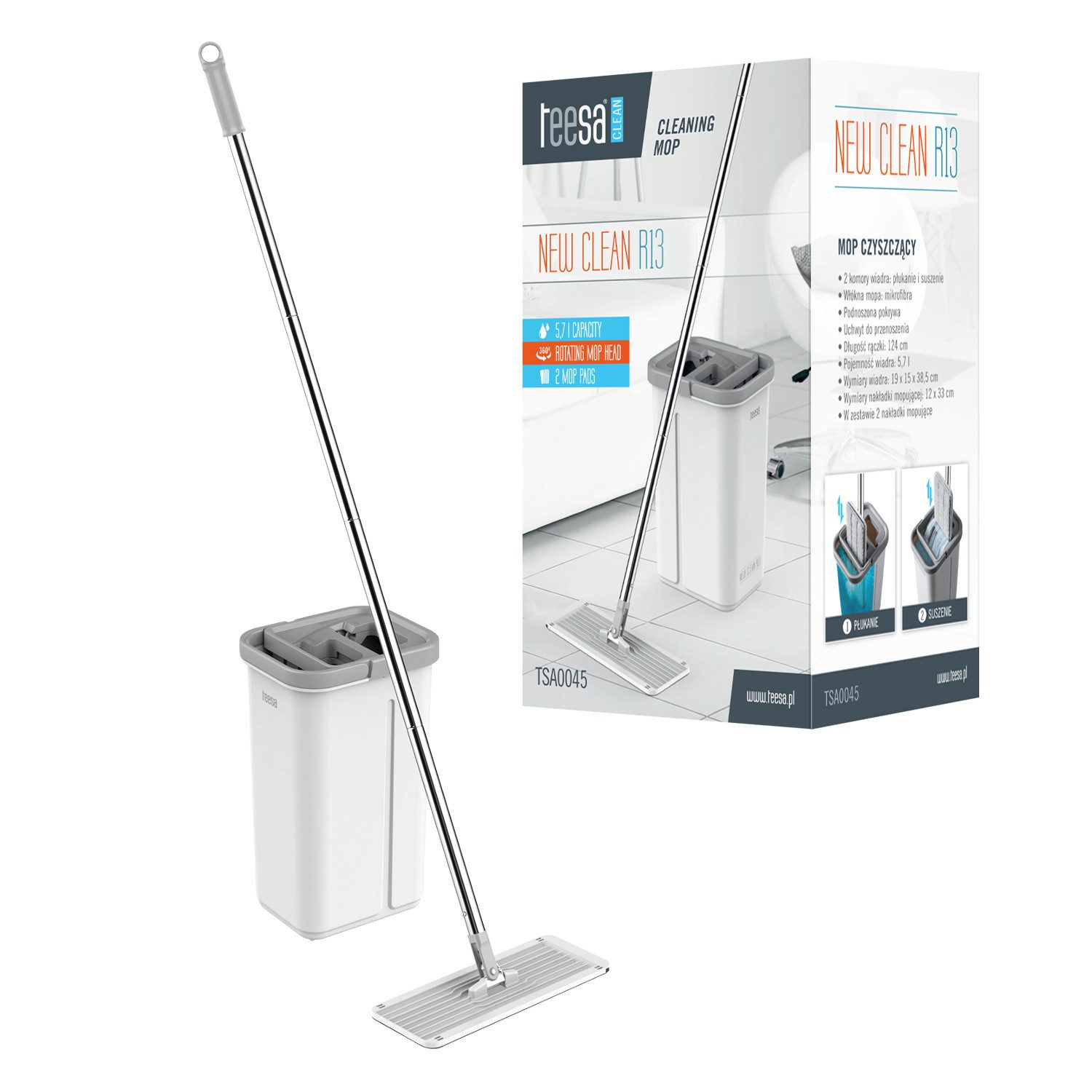 Teesa Wischmopp Flachmopp mit Zweikammer-Eimer New Clean, Fassungsvermögen 5,7 l, New Clean R13