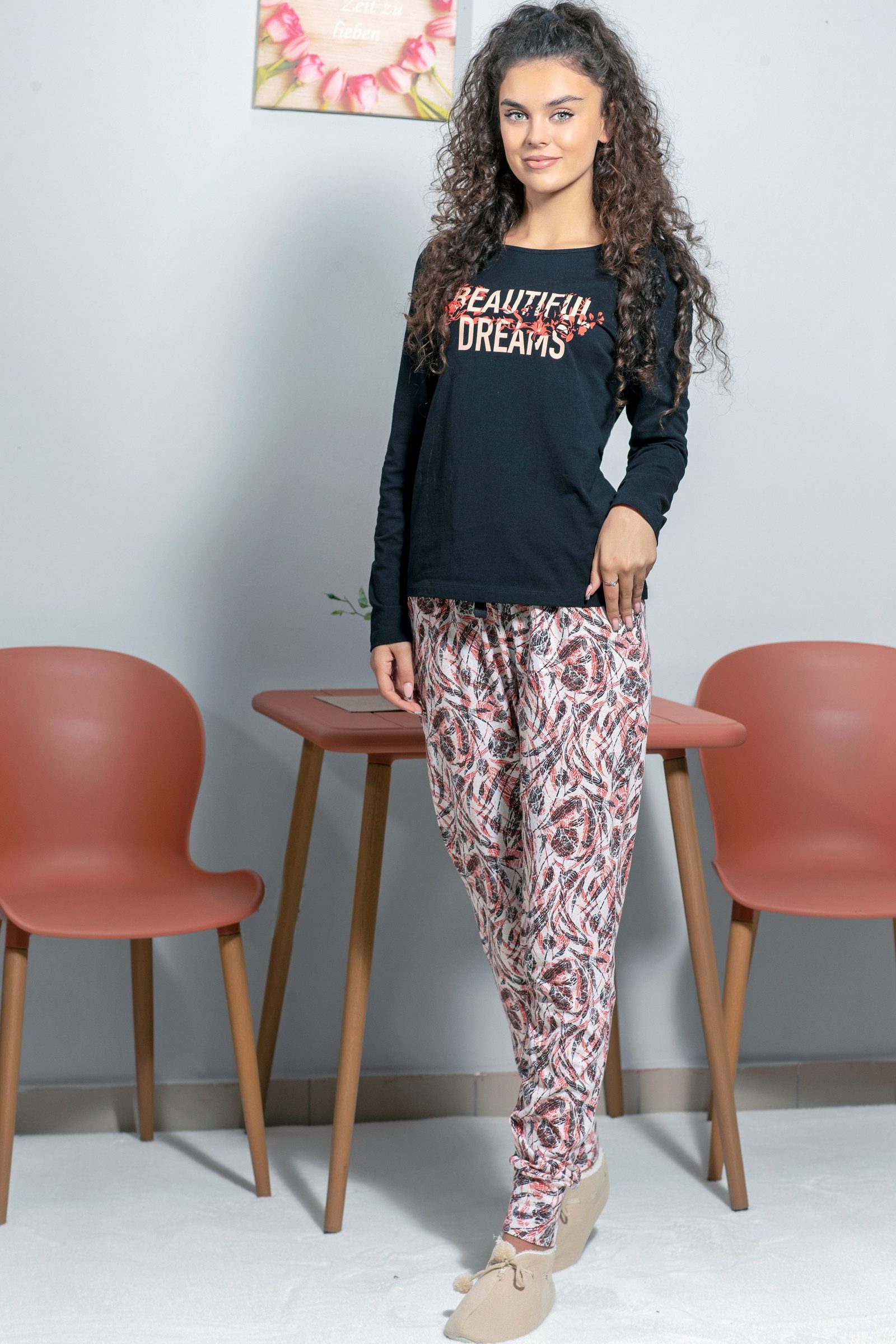 Era&Me Pyjama Damen Pyjama Set Schlafhose + Langarm Oberteil (Schlafanzug Schlafhose + Langarm Oberteil, 2 tlg., Schlafanzug Set) Hoher Baumwollanteil – Bild 5 von 5