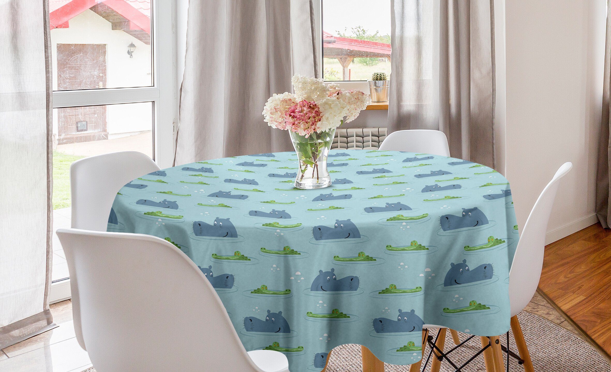 Abakuhaus Tischdecke Kreis Tischdecke Abdeckung für Esszimmer Küche Dekoration, Tier Hippo Krokodil im Wasser