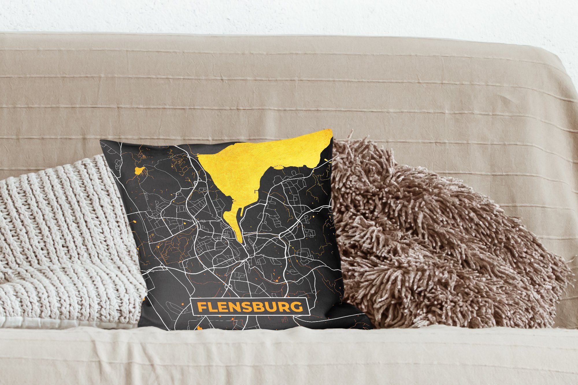 - mit Wohzimmer, Deko, Stadtplan Zierkissen Dekokissen Deutschland, Karte MuchoWow Sofakissen - Füllung Schlafzimmer, - Flensburg für - Gold