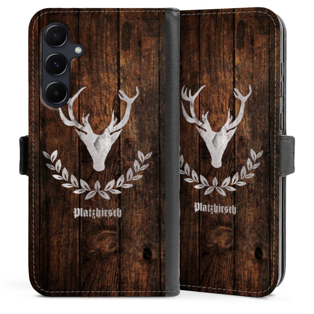 DeinDesign Handyhülle Hirsch Holzoptik Holz Platzhirsch, Samsung Galaxy A55 5G Hülle Handy Flip Case Wallet Cover