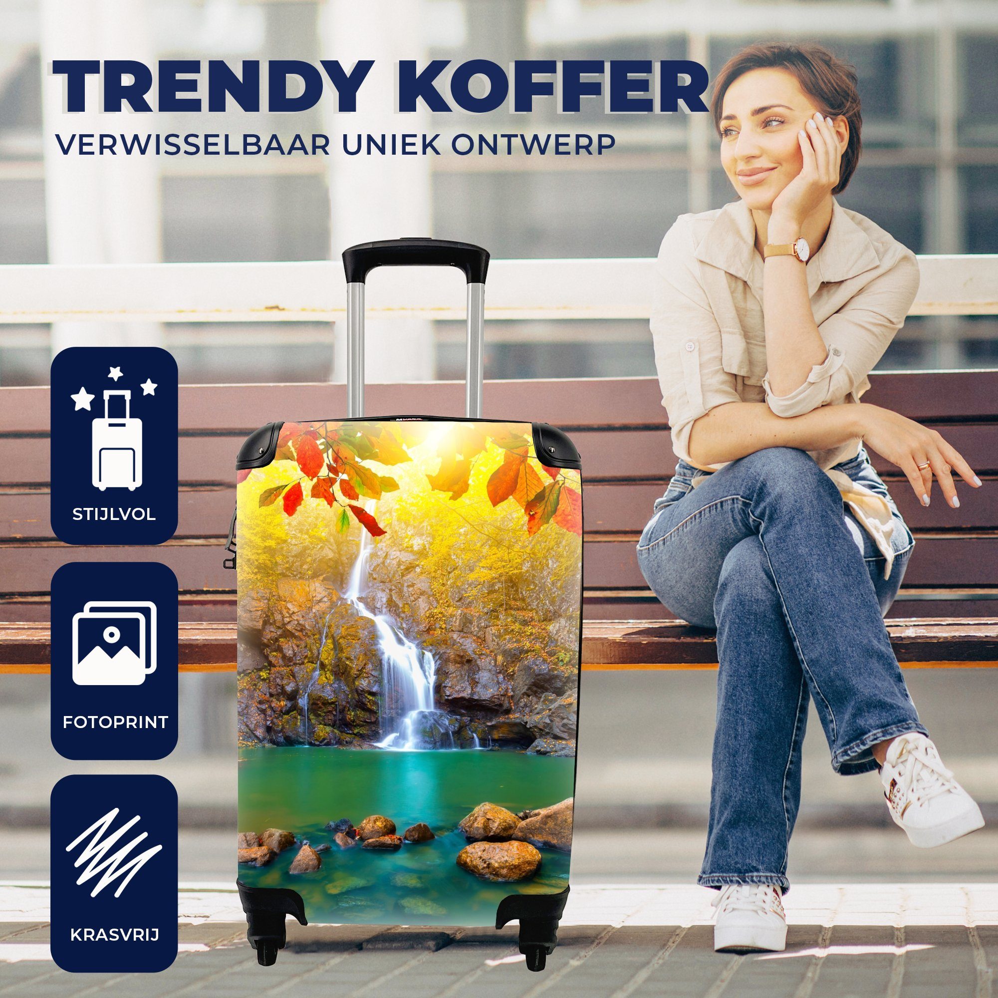 4 mit für - MuchoWow Wasserfall Reisetasche Reisekoffer Baum - Ferien, Herbst Rollen, - Steine rollen, Rot, Handgepäckkoffer - Handgepäck Trolley,