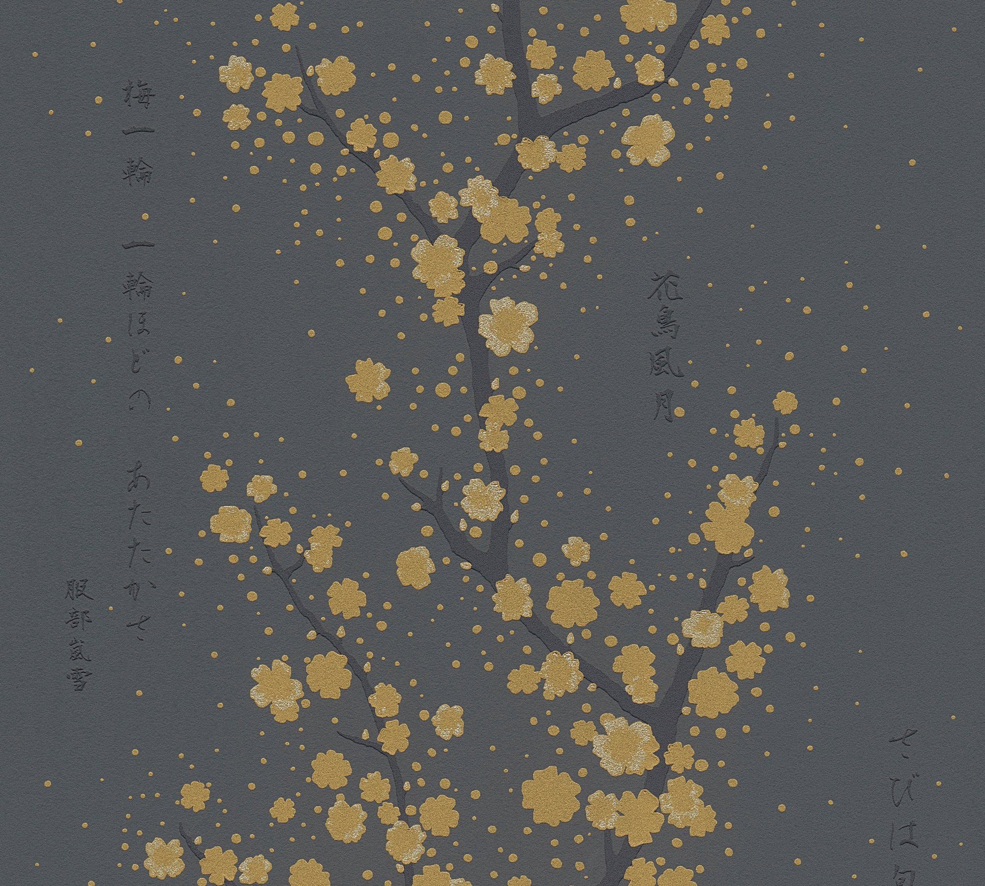 Asian Japanisch Fusion, Tapete aufgeschäumt, graphitgrau/gold/schwarz floral, A.S. mit Vliestapete asiatisch, Blumentapete Création Schrift,