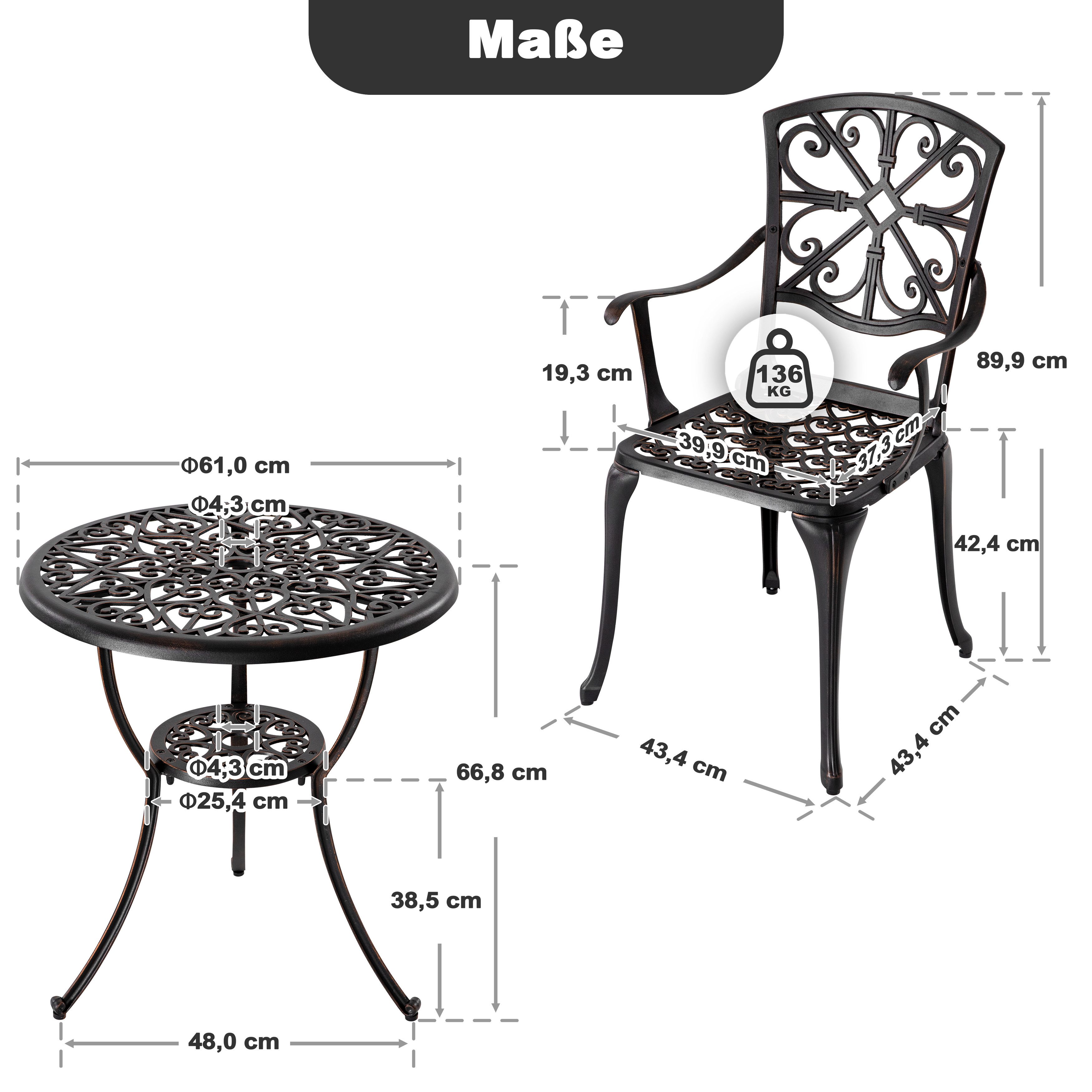 Avestar Balkonset 3-tlg. Terrassenset aus Gussaluminium mit 4,5 cm Schirmloch, Rostschutzbeschichtung, ergonomisch, ideal für den Garten.