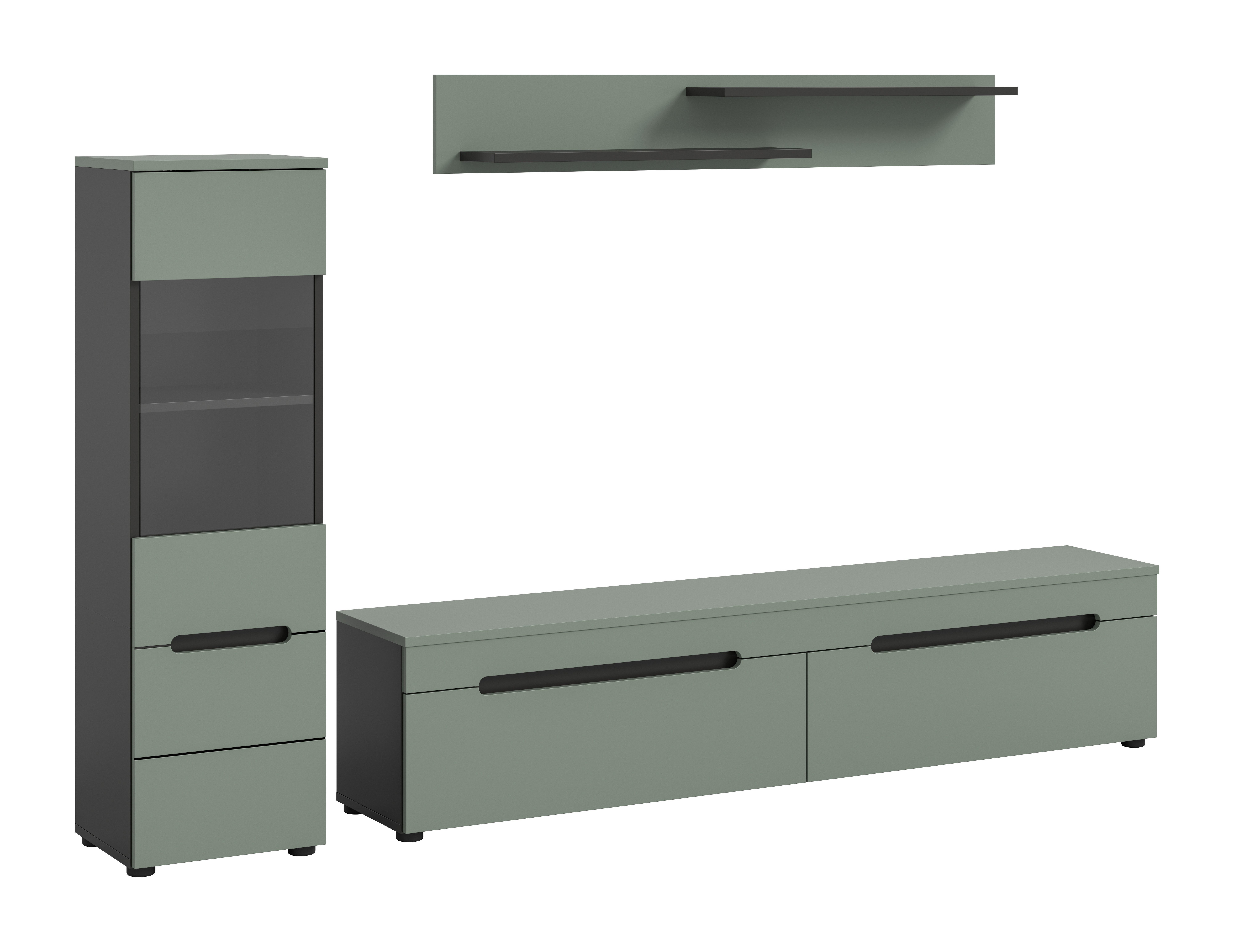 furnling Wohnzimmer-Set Cano, (3-St., Lowboard, Vitrine, Wandboard), Wohnzimmermöbel, Komplett-Set, Breite 221 cm, Basalt grau/Smoke Green