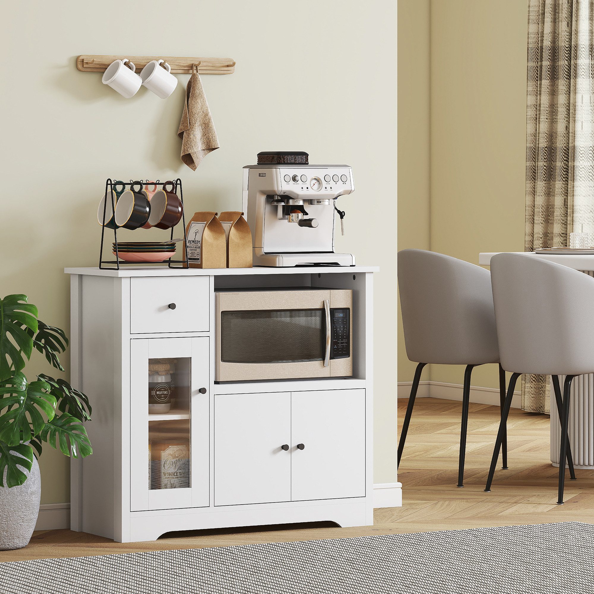 HOMCOM Küchenbuffet Mikrowellenschrank mit Stauraum (Küchenschrank mit Mikrowellenreagl, 1-St., Sideboard mit Schubladen, 3 Türen und verstellbarem Regal) 80 x 35 x 72,2 cm, Weiß