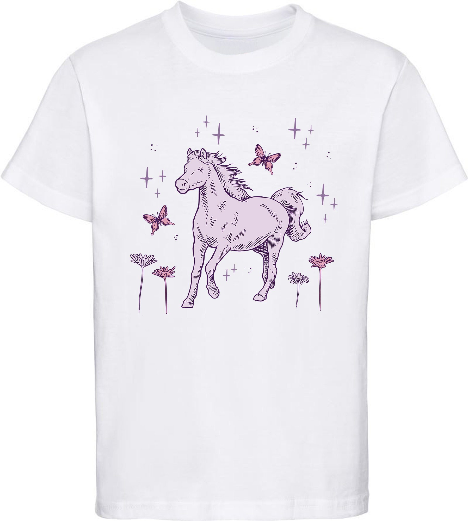 MyDesign24 Print-Shirt bedrucktes Mädchen T-Shirt galoppierendes Pferd und Blumen Baumwollshirt mit Aufdruck, i144 weiss