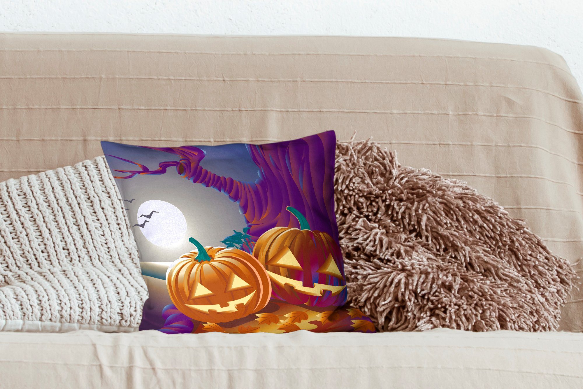 MuchoWow Dekokissen für Kürbisse Wohzimmer, Deko, Schlafzimmer, in Halloween-Nacht in mit Illustration, einer Zierkissen Sofakissen einer Zwei Füllung