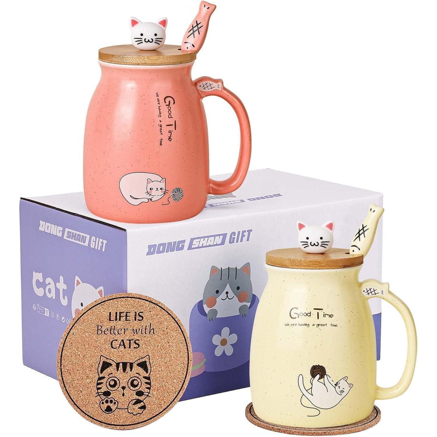LuxusKollektion Tasse Becher Katze 2er Set Keramik Kaffeebecher Deckel 450ml Rosa und Gelb, Keramik