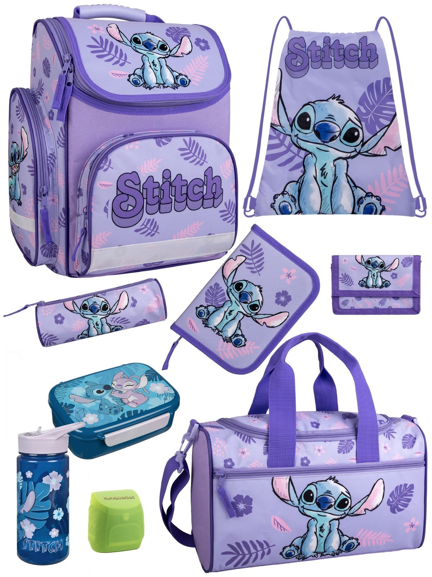 Familando Schulranzen Stitch Schultasche, lila, ab 1. Klasse (Set, 9-tlg., inkl. Federmappe, Lunch-Set und Sporttasche), ergonomisch, leicht, robust