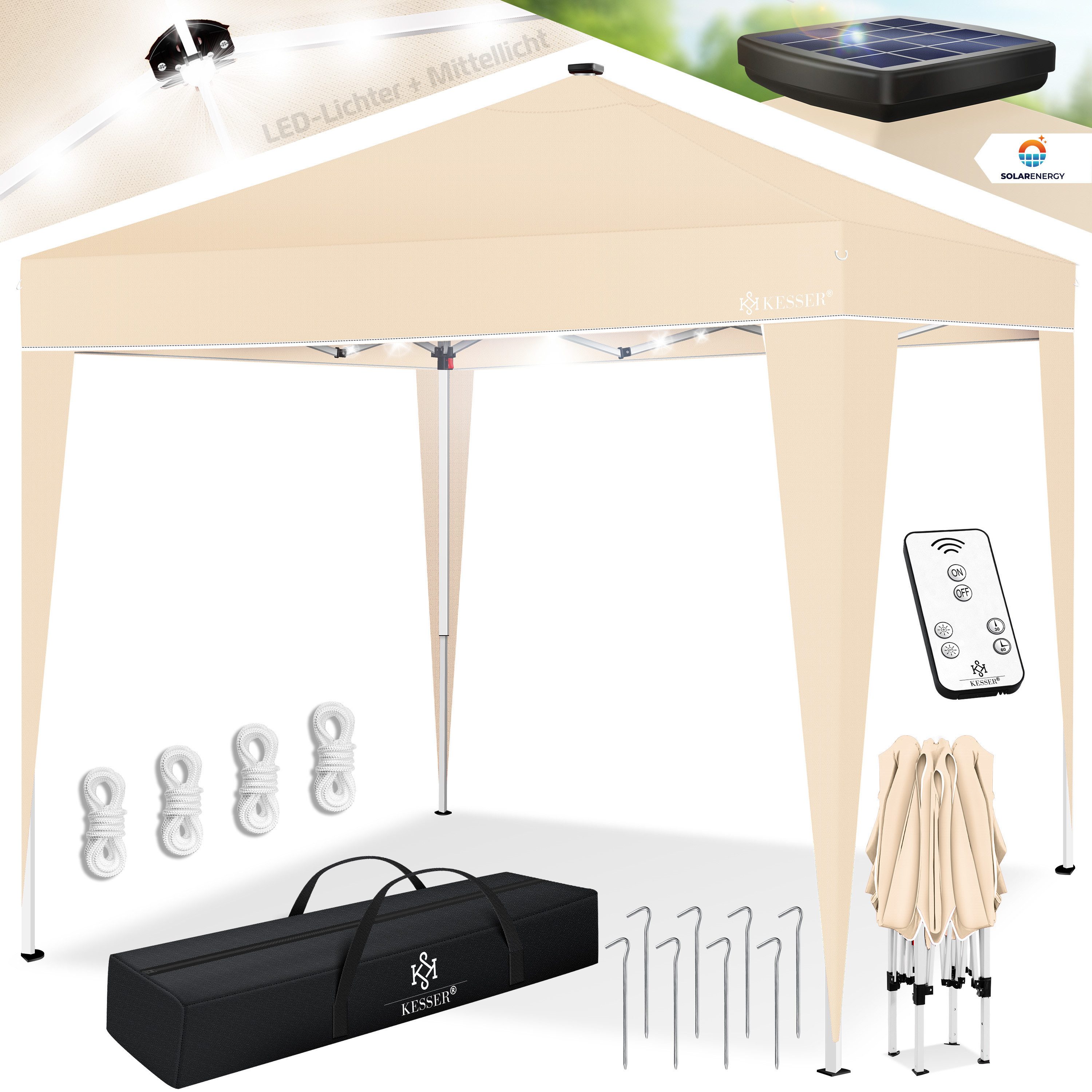 KESSER Pavillon, Faltpavillon 3x3m mit LED Beleuchtung Solar Fernbedienung