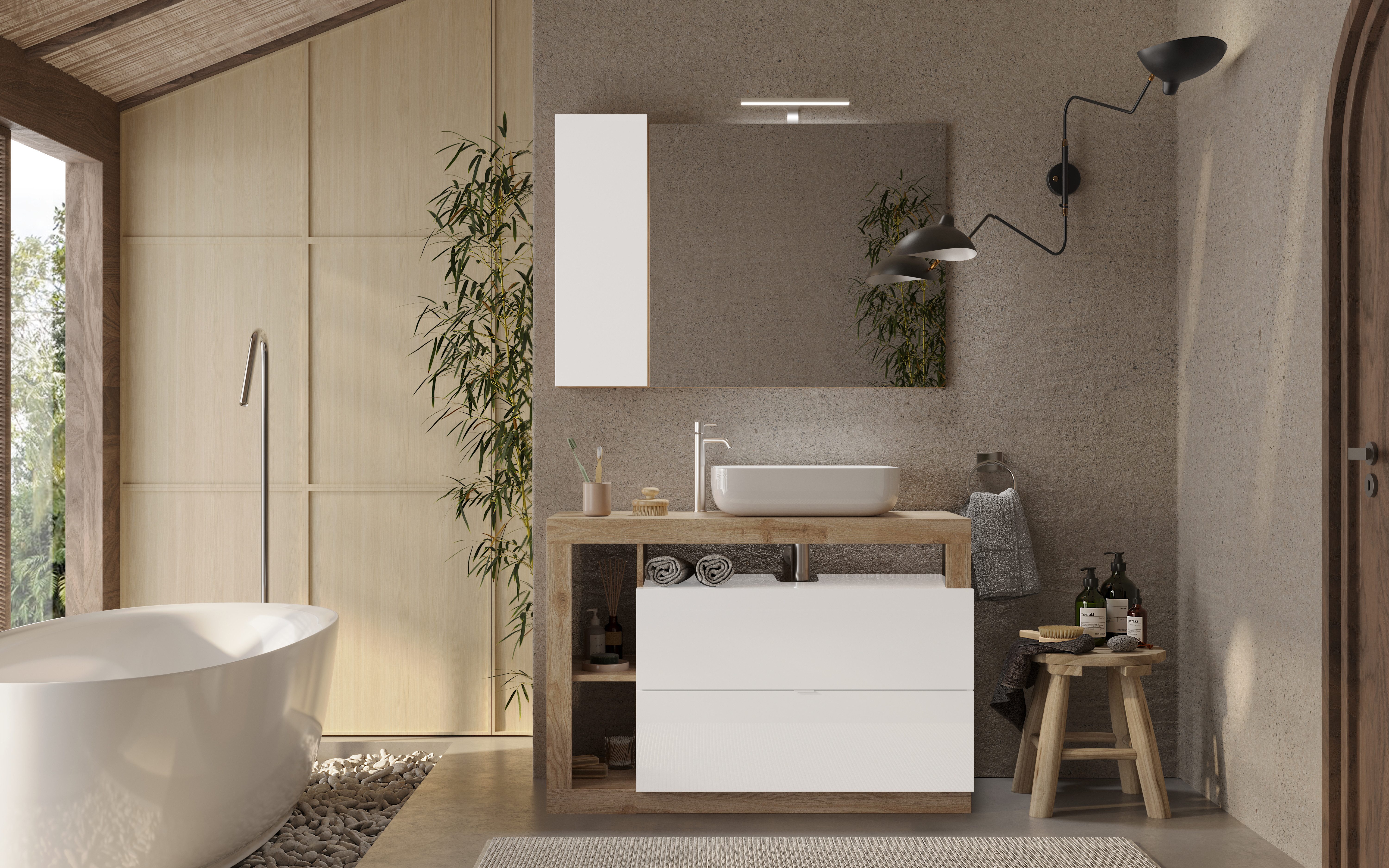 welltime Badmöbel-Set Hamburg, Badezimmerset 2tlg. Breite 110 cm, Badmöbel, Waschtisch inkl., (Spar-Set, 2-St), Waschbecken, Spiegelschrank mit LED Aufbauleuchte, Soft-Close-Funktion