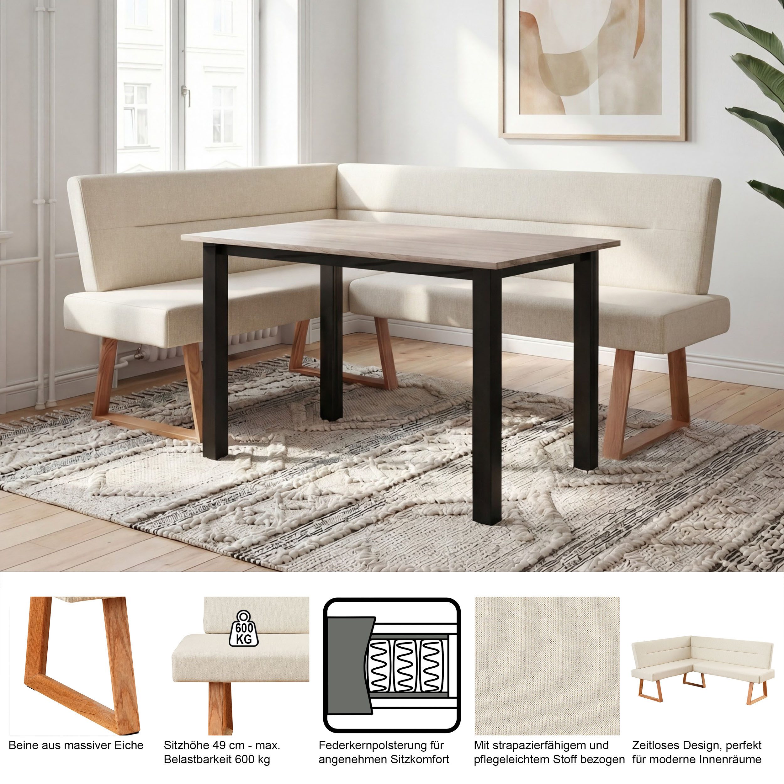 OTTO home Eckbank Mellio, Beine aus massiver Eiche, pflegeleichtem Webstoff Bezug, Breite 190 cm