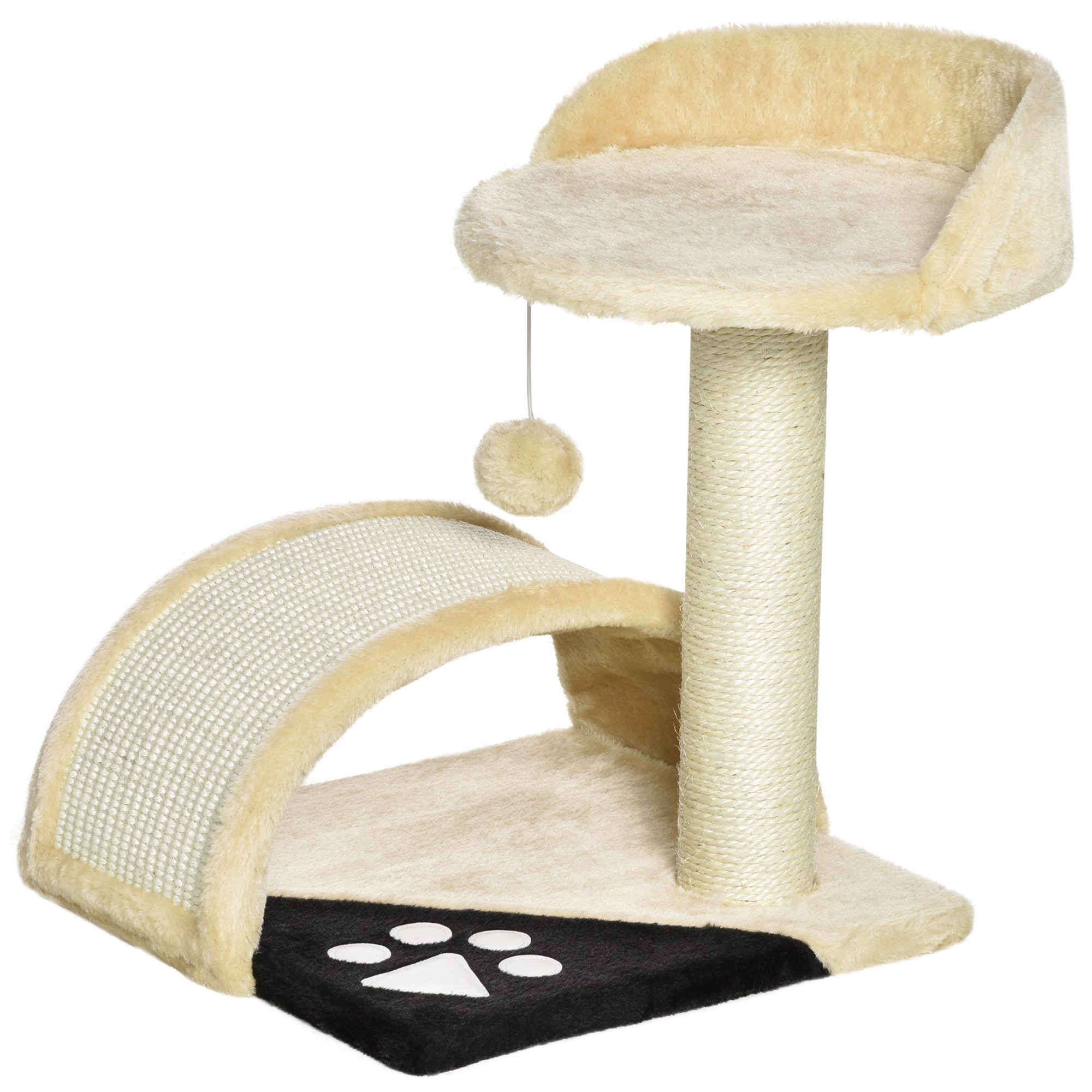 PawHut Kratzbaum Katzenbaum mit Spielbällen Katzenkratzbaum, Sisalseil-Kratzstangen, Beige, 35.5 x 37 x 46 cm