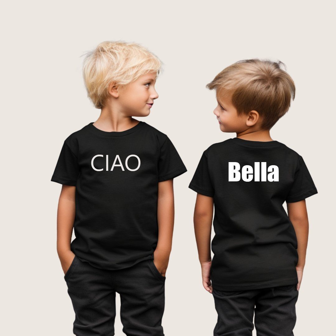 Spruch Lounis Ciao Kinder mit T-Shirt - Print-Shirt - Rückseite, und Shirt Bella Kindermode - Vorder- Babyshirt