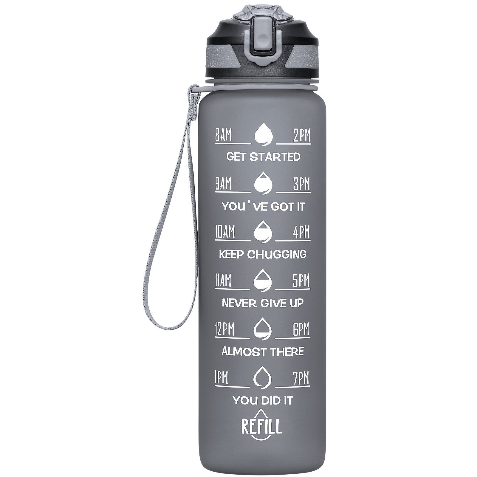 WISHDOR Trinkflasche Sport Wasserflasche Sportflasche Auslaufsicher 1 Liter BPA-Frei 1L, Zeitmarkierung und Strohhalm Fitness Outdoor Camping Fahrrad Wandern Dunkelgrau