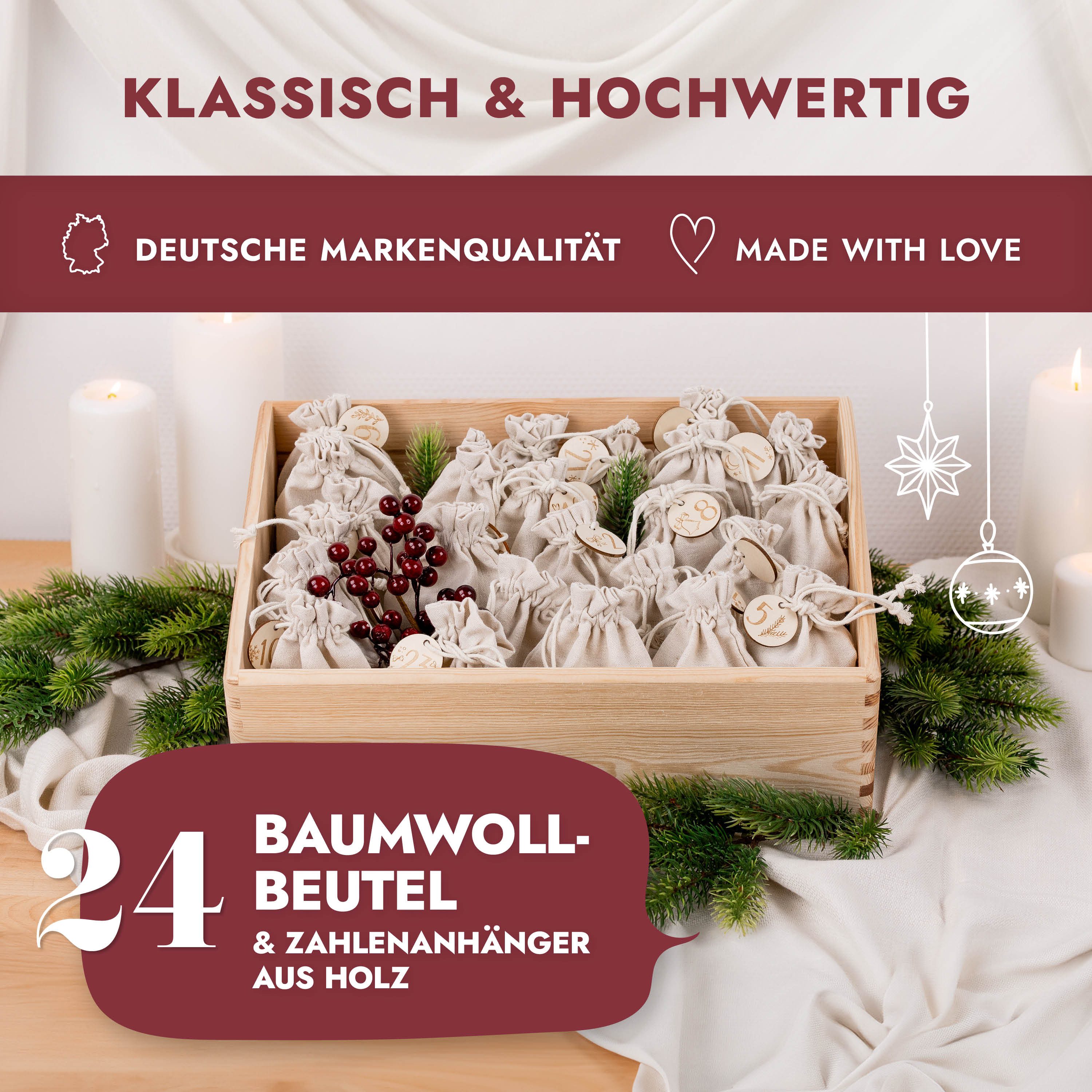 Amari befüllbarer Adventskalender AMARI ® Adventskalender zum Befüllen - Wandkalender mit 24 Fächern