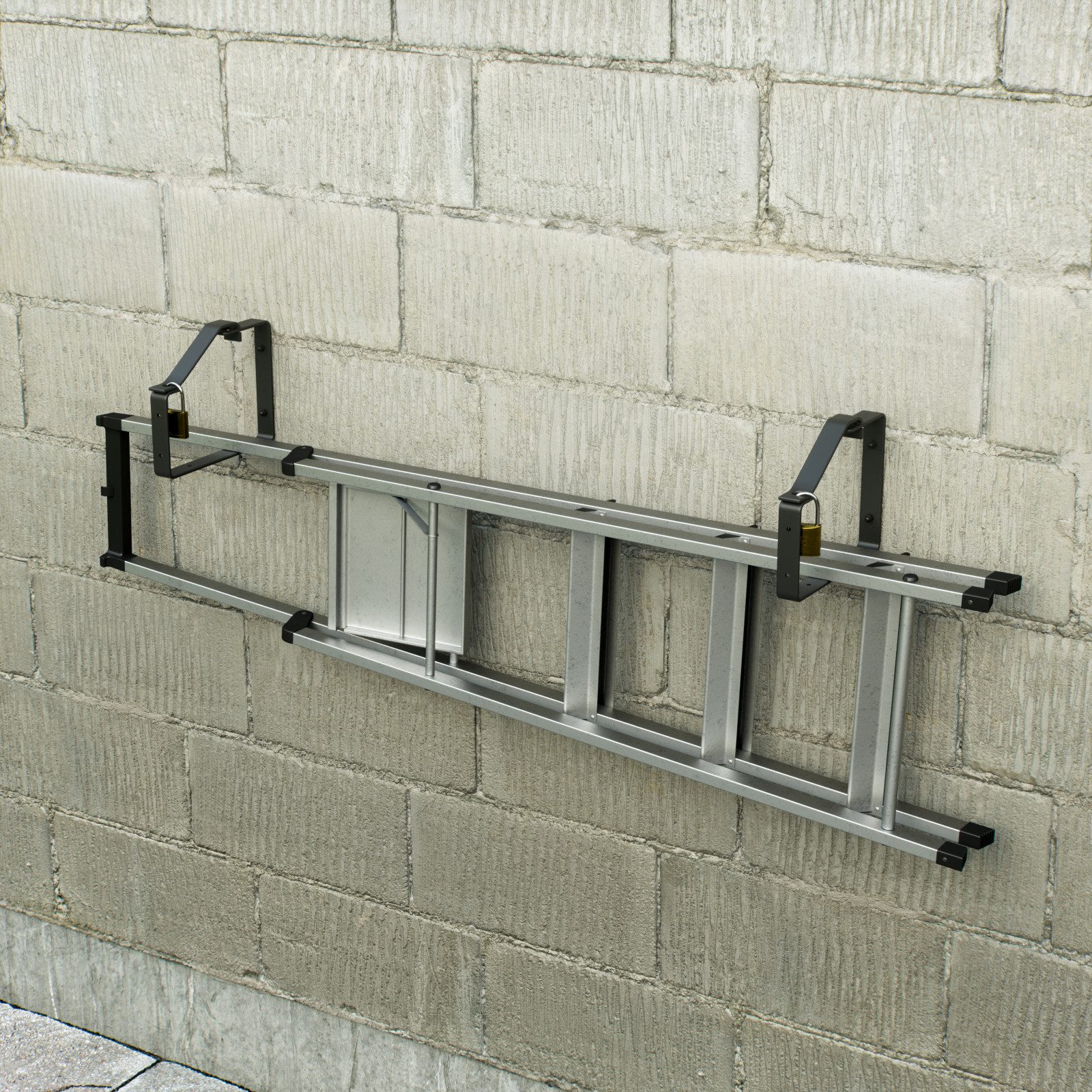 QLS Wandhalter Leiterhalterung Schwarz aus Stahl, Universale Halterung Abschließbar 24x18x3 cm