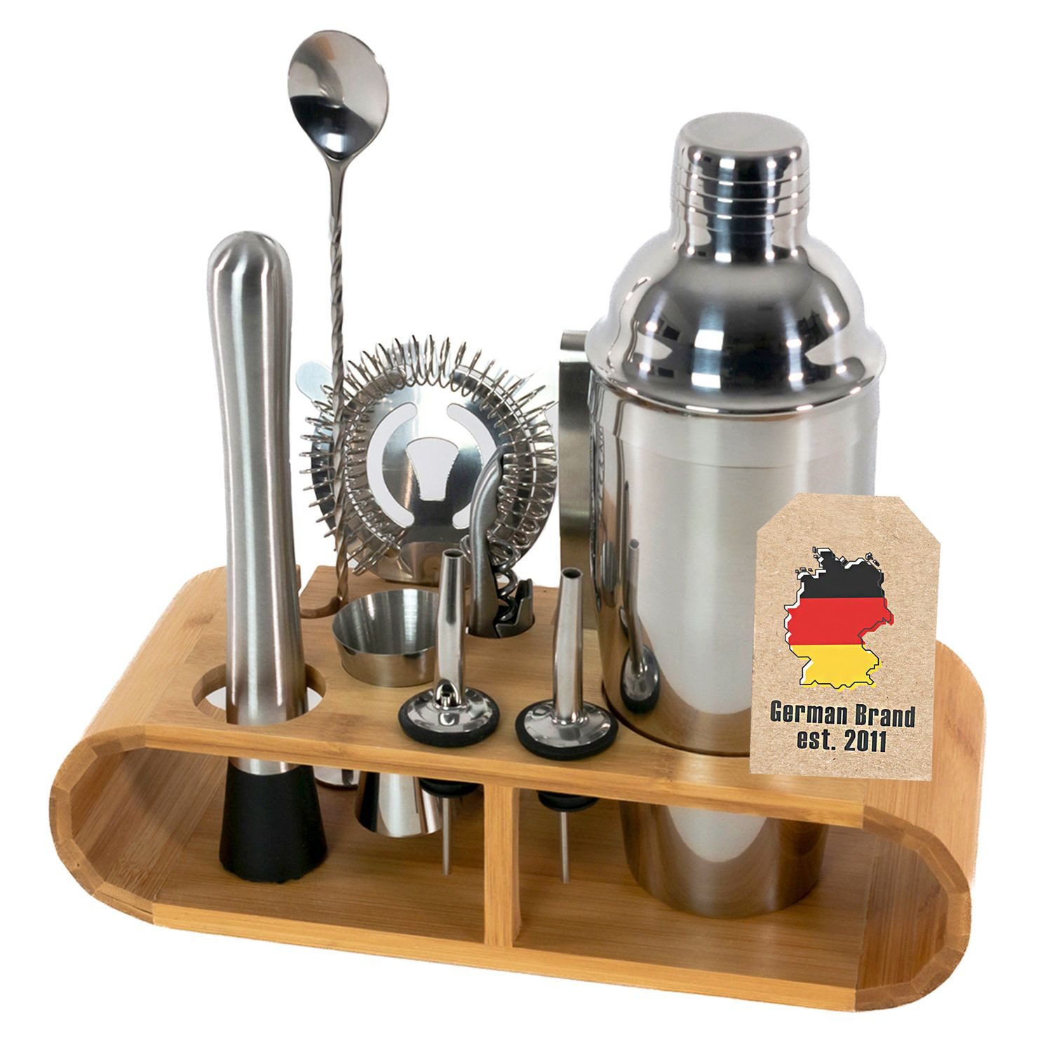 Intirilife Cocktail Shaker, Edelstahl, (12-tlg), 12-teiliges Edelstahl Cocktail-Shaker Set mit Bambus-Ständer