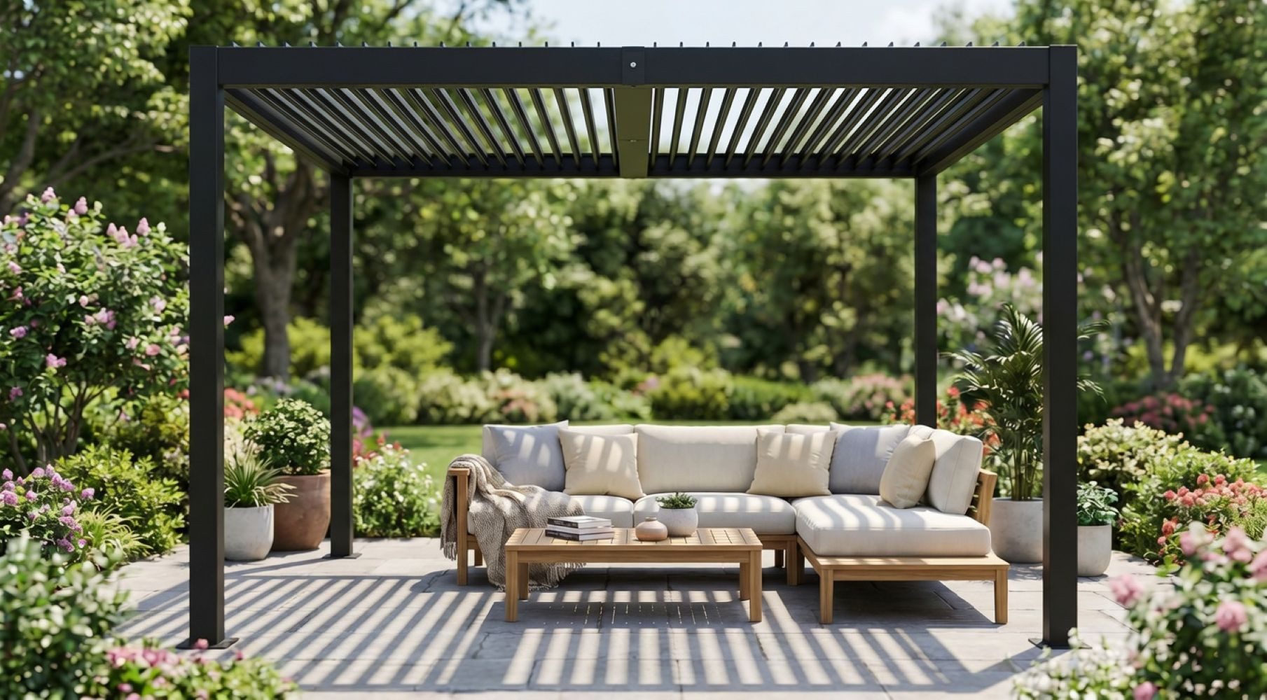 BBG Pavillon Aluminium Eisen Lamellendach mit stabilen 100x100mm Pfosten, (pulverbeschichtetem Rahmen und wetterfesten Eisen-Lamellen für langlebigen Sonnenschutz)