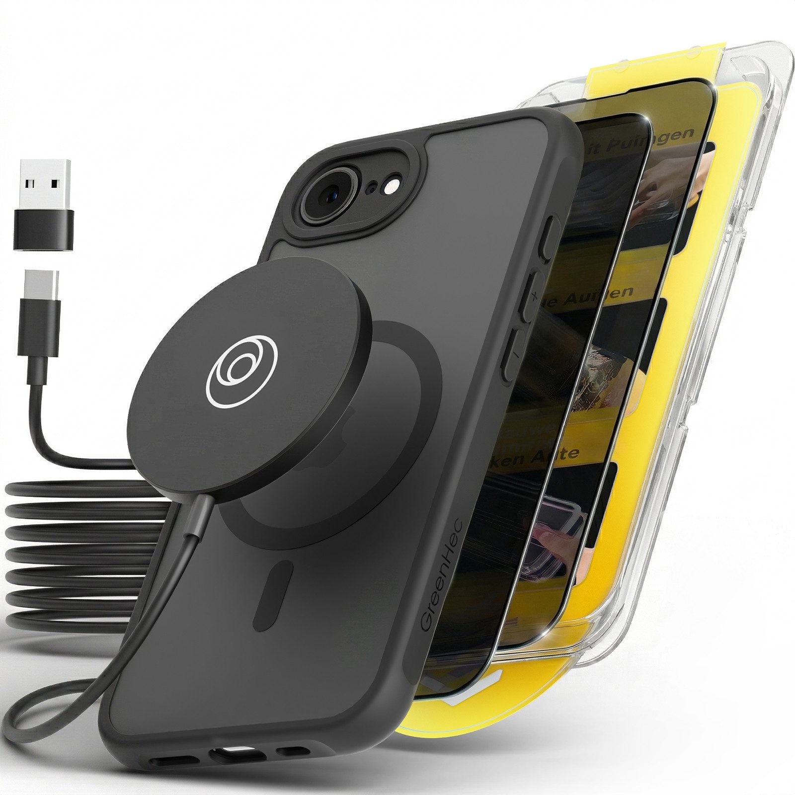 GreenHec Handyhülle iPhone 17e / 16e Hülle MagSafe Case Handy Schwarz Schutzhülle Cover 6,1 Zoll, Magnet Cover Magnetische Hülle Kameraschutz Black Matt Bumper Stoßfest