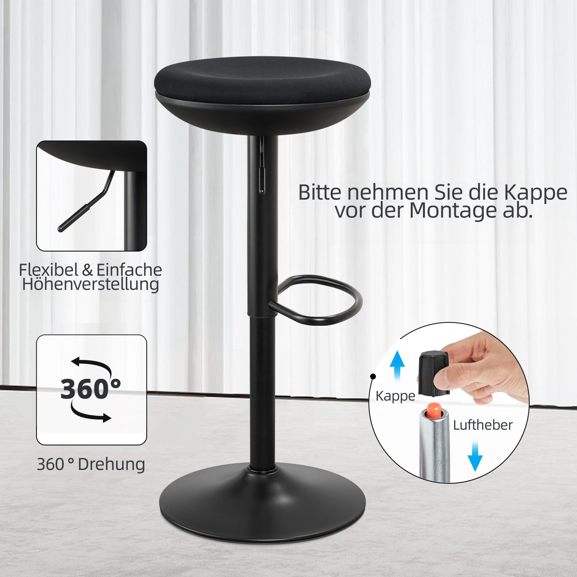 IWMH Drehhocker Höhenverstellbar Bürohocker, Drehbar Arbeitshocker ohne Rollen, Hocker für Büro, Schlafzimmer, Küche, Wohnzimmer, Bar – Bild 4 von 5