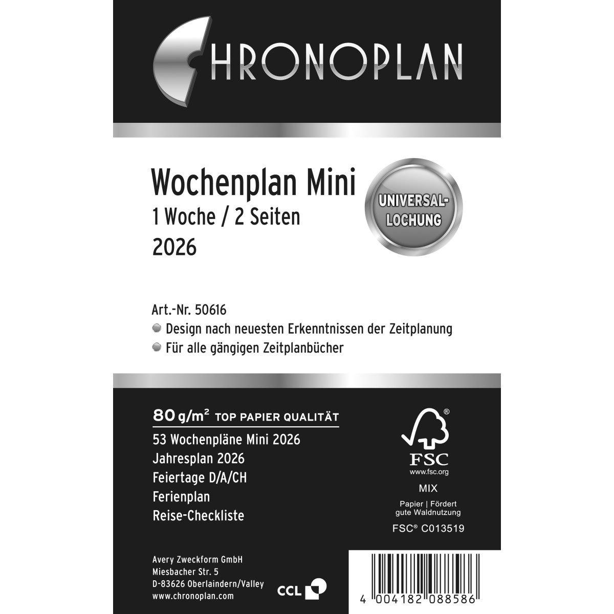 CHRONOPLAN Terminplaner Wochenplan A7 Mini 1 Woche/2 Seiten Kalendarium 2026.
