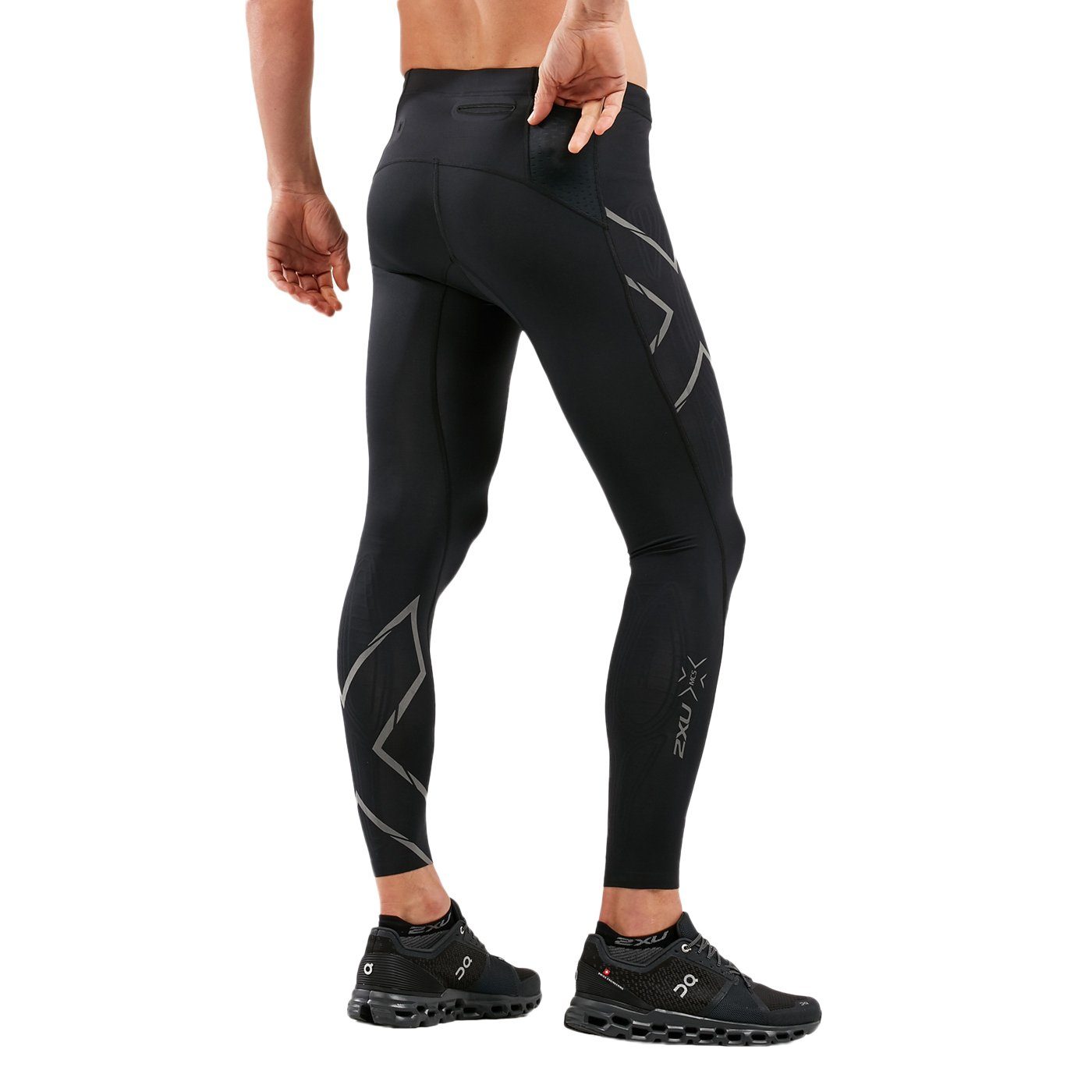 2xU Sporthose Light Black/Black Reflective Laufhose und Quadrizeps, lang Gesäß, Adduktoren, Compression Kompressionsunterstützung Wadenmuskeln für Tights (1-tlg) Kniesehen Speed