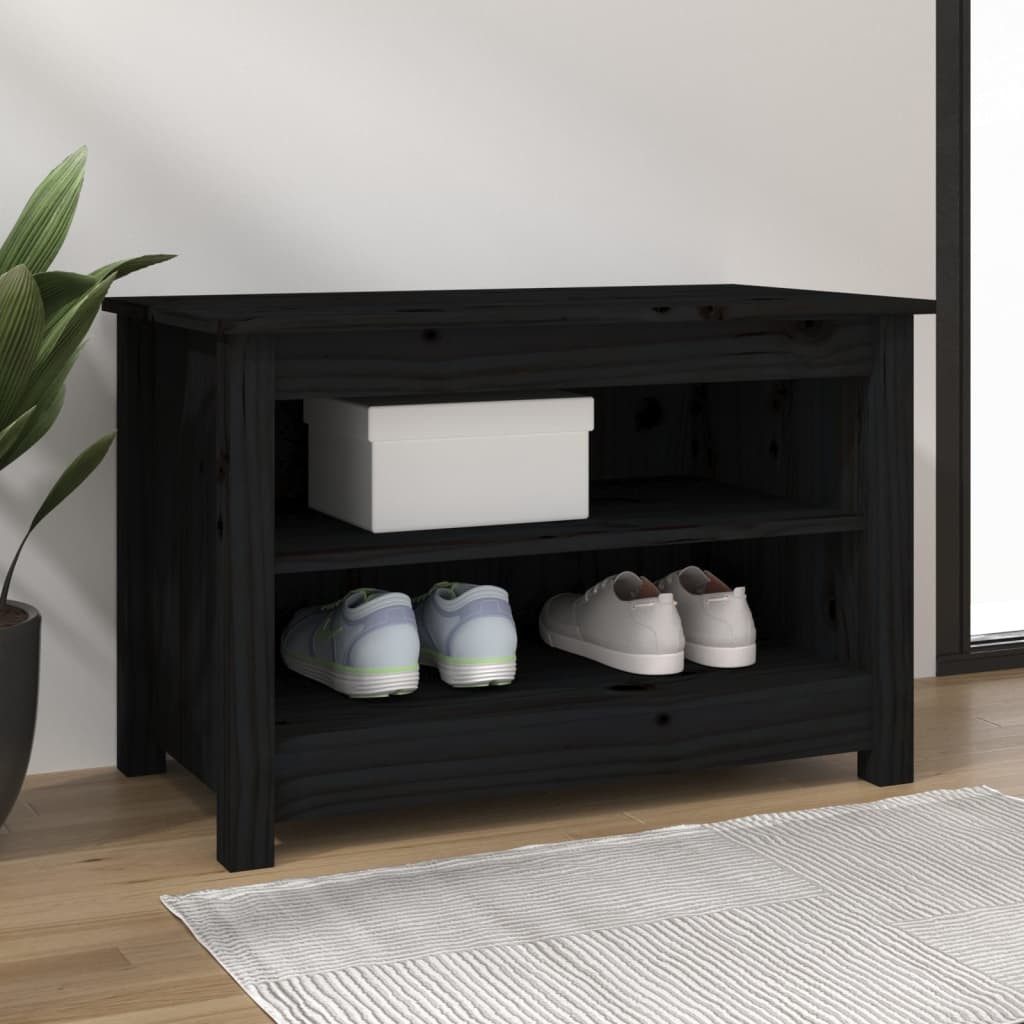 furnicato Schuhbank Massivholz 70 x 38 x 45,5 cm Schwarz (1-St), Schuhschrank mit 2 Ablagen und zusätzlicher Stellfläche oben
