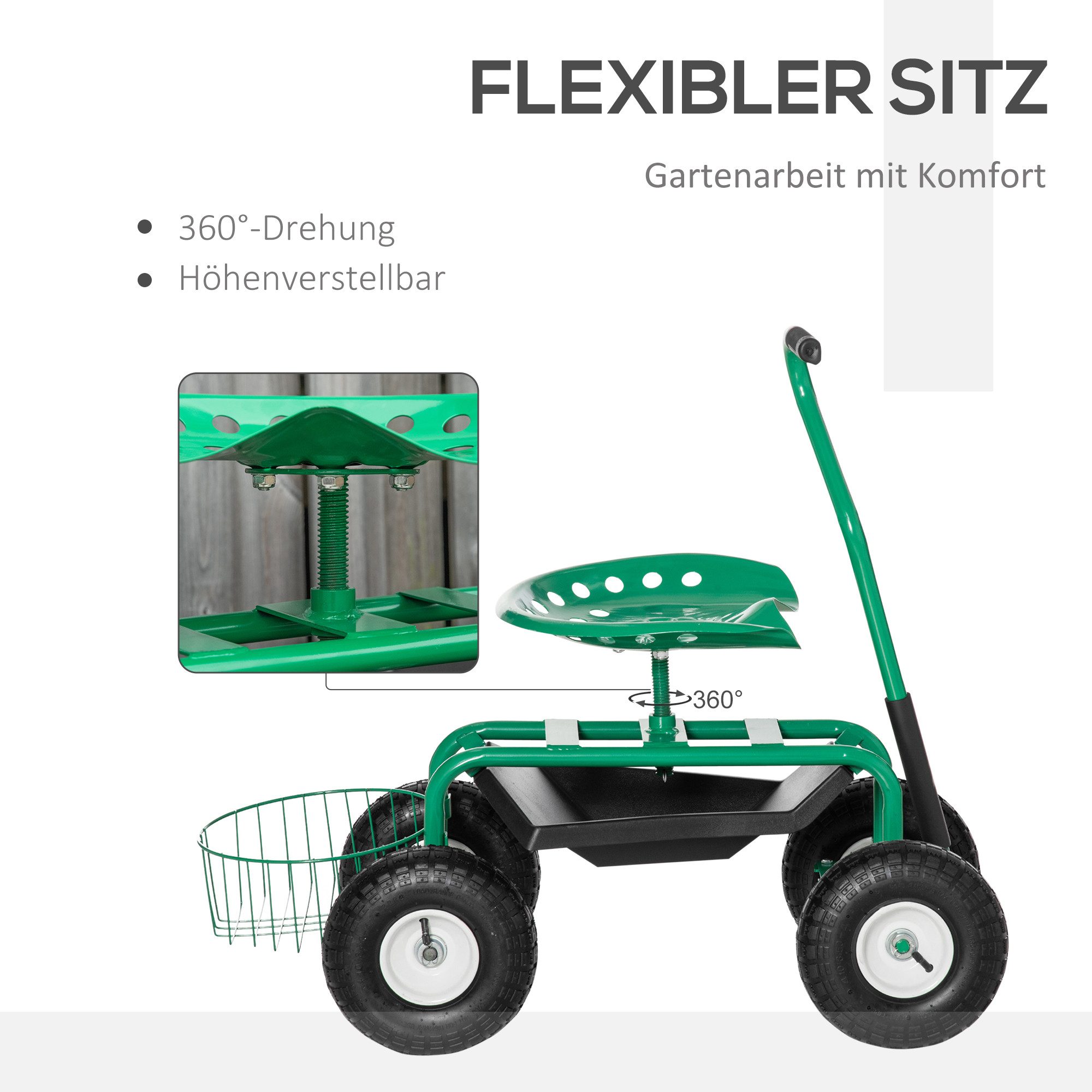Outsunny Werkzeugwagen Rollsitz 360 ° drehbar höhenverstellbar Gartensitz mit Ablagefläche, mit Stauraumfach, max. Traglast:150 kg, 0-tlg. Werkzeugset, (Werksta – Bild 5 von 5