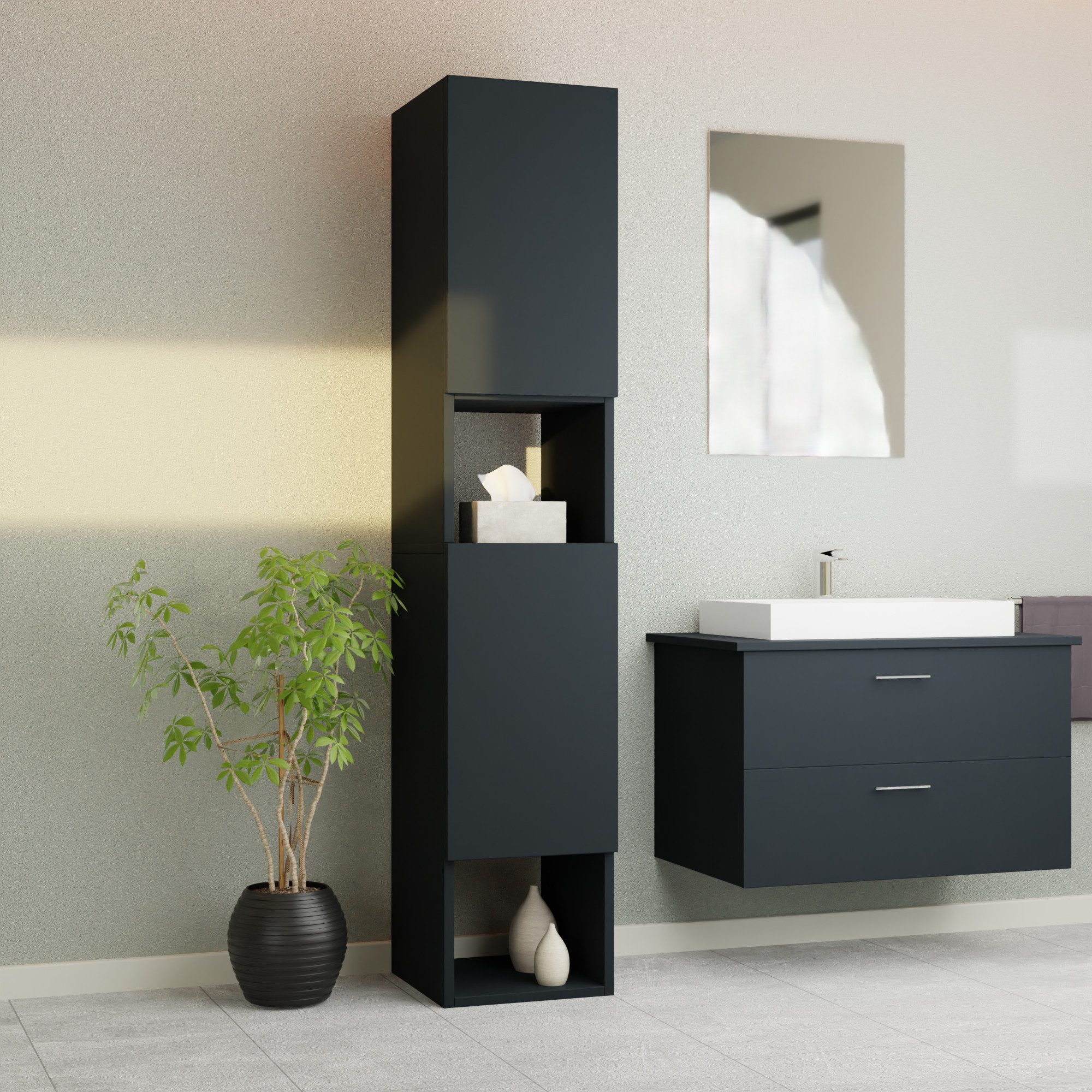 Badezimmer-Set Badezimmerschrank GLC2, hängend, stehend, Anthrazit