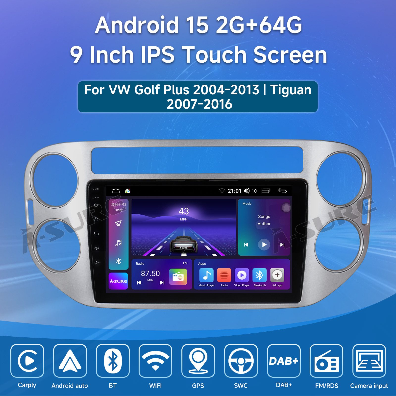 A-Sure 4-Core Android 15 Carplay Navi 2+64GB Für VW Tiguan 5N GOLF Plus Autoradio (Digitalradio (DAB), FM, AM, 4Core)