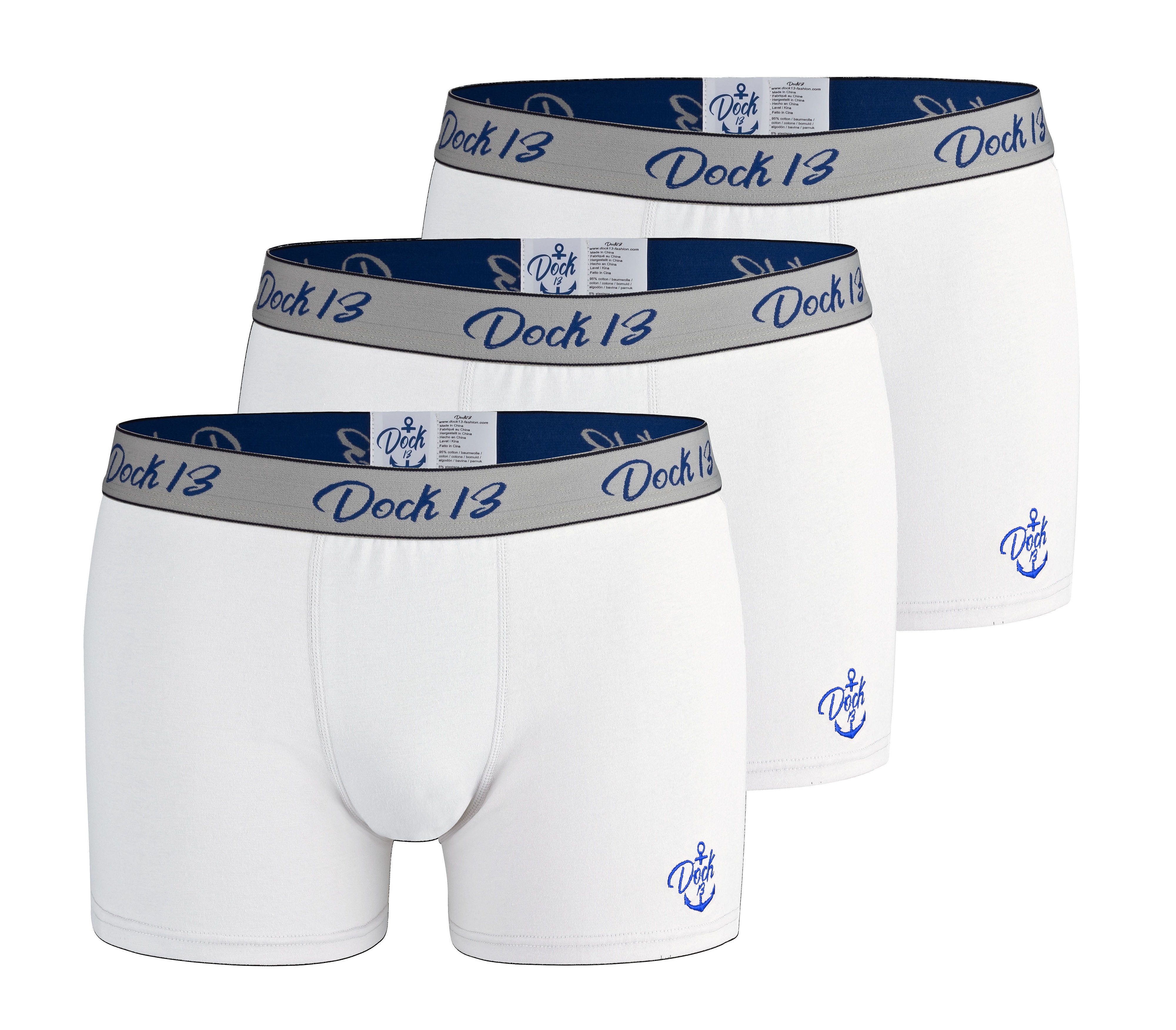 Dock13 Retro Boxer Dock13 Männer Unterhosen (3er Pack Boxershorts (3er-Set, 3-St., 3er-Pack) gewebter Bund, Logo als Stickerei weiß