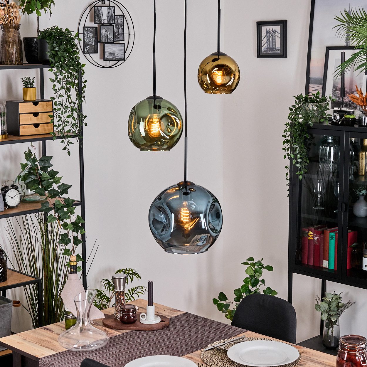 hofstein Hängeleuchte Hängelampe aus Metall/Glas in Schwarz/Grün/Blau/Gold, günstig online kaufen