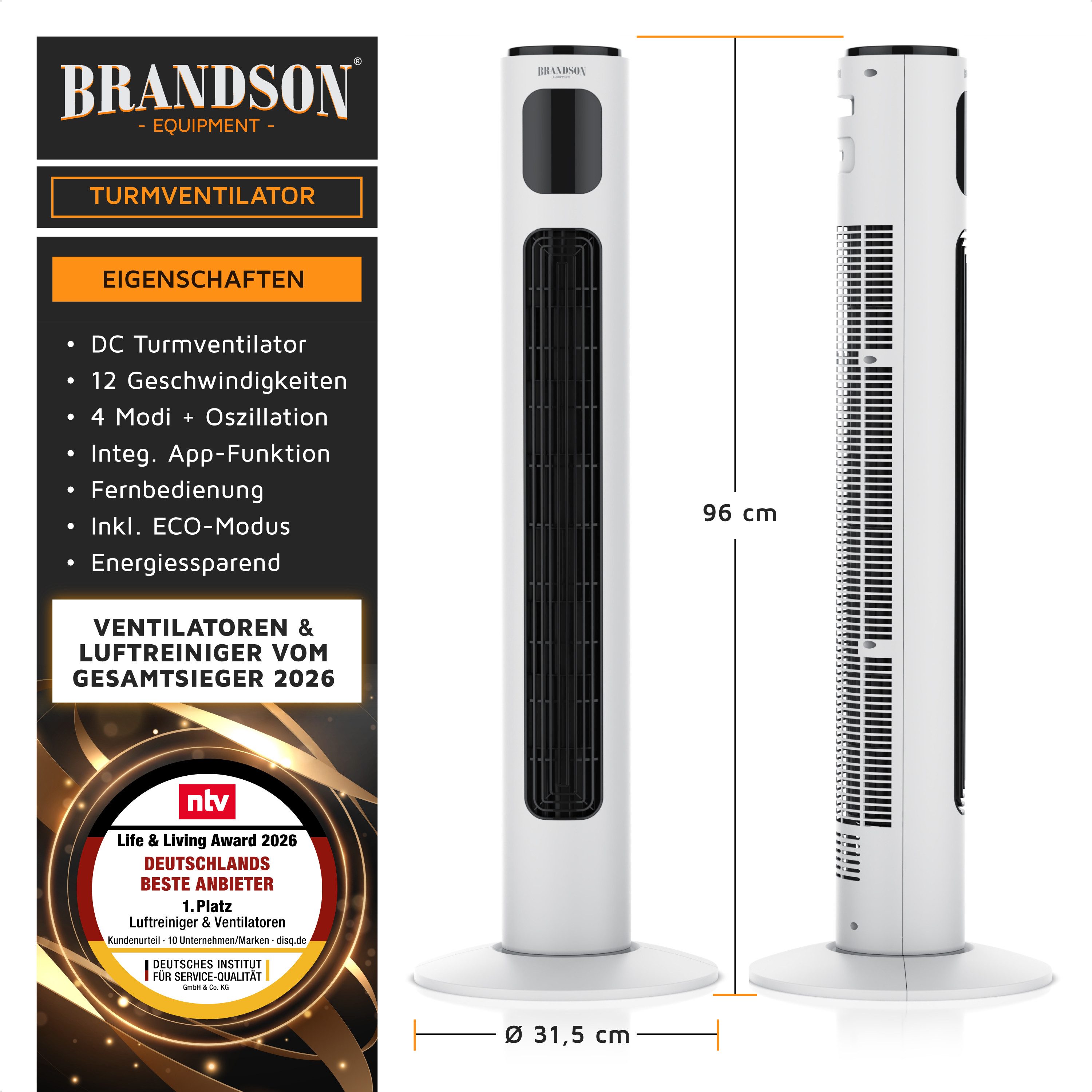 Brandson Turmventilator Eco DC-Motor 35W, App-Steuerung/Sprachbefehl, Timer, Oszillation, WiFi, NTV Sieger 2026, extrem leiser Lüfter, 12 Lüftungs-Modi, GS-Geprüft