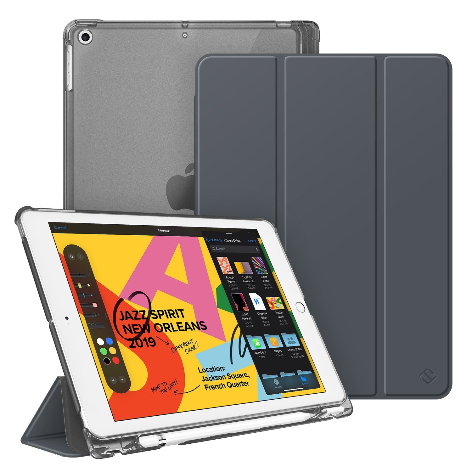 Fintie Tablet-Hülle für iPad 9. Gen 2021/8. Gen 2020/7. Gen 2019 10.2 Zoll mit Stifthalter, ultradünne leichte Case mit transparenter Rückseite & Auto Schlaf/Wach