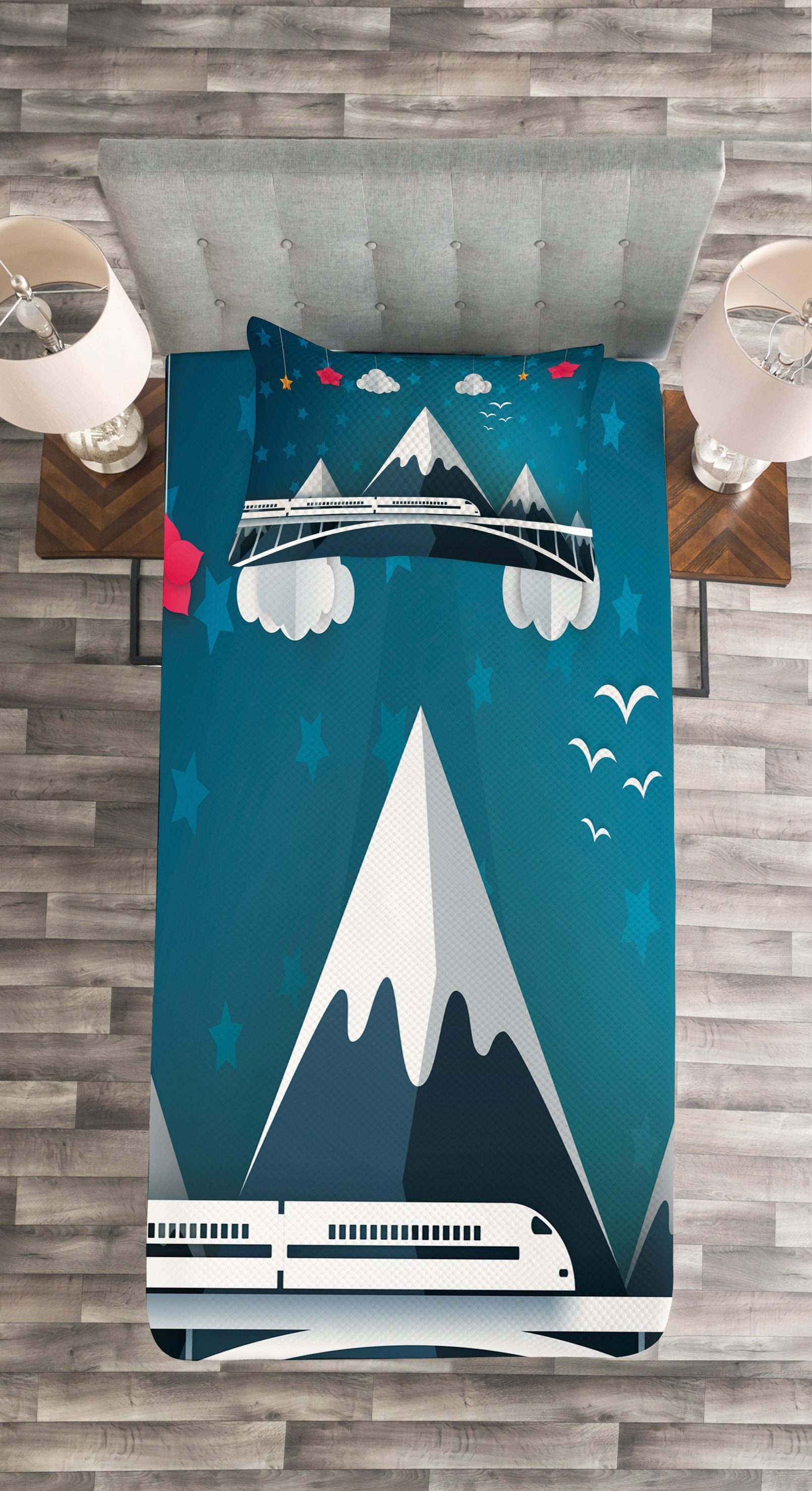 Tagesdecke Waschbar, Eisenbahn Berge Abakuhaus, mit Kissenbezügen Cartoon-Stil Set