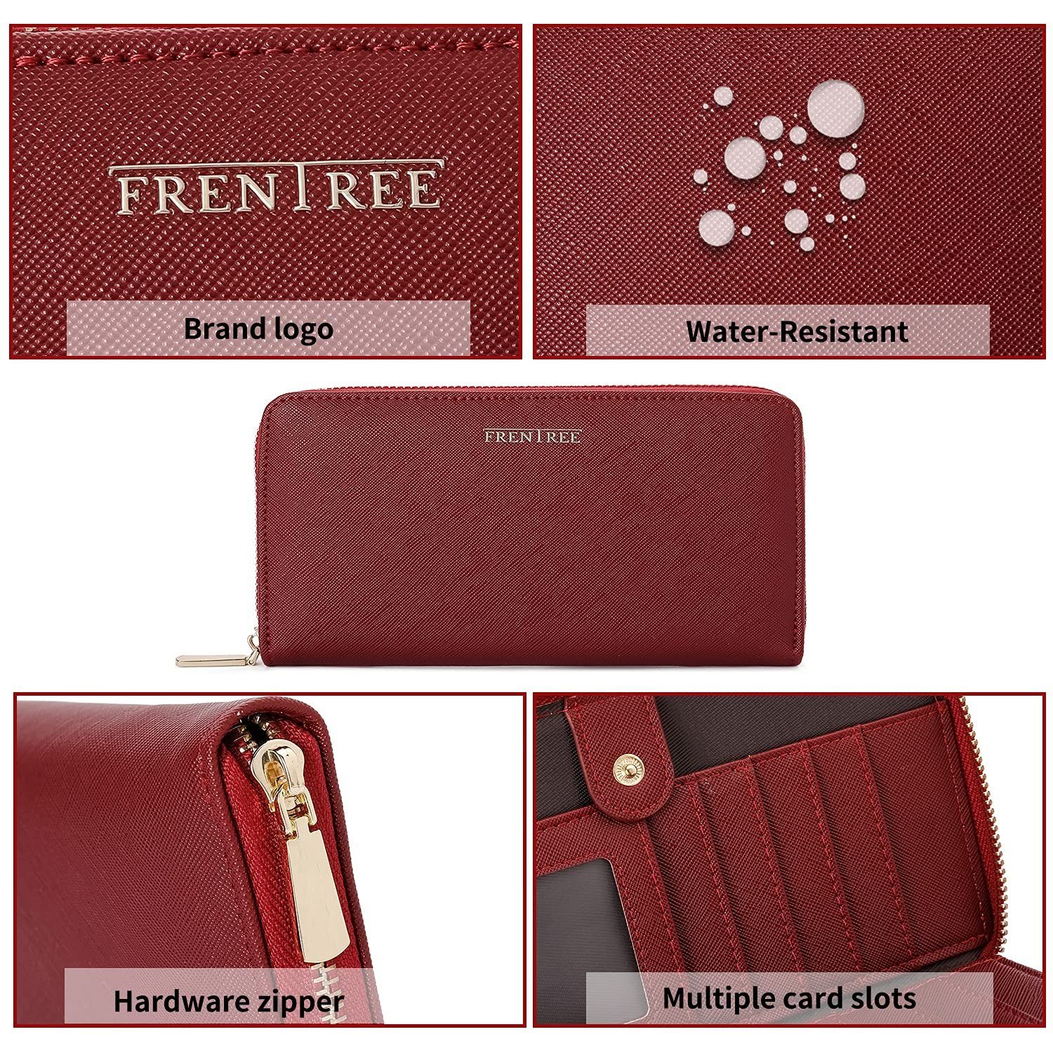 Frentree Geldbörse Reißverschluss Damen Portemonnaie, Smartphones, Bordeaux RFID und 16 mit Kartenfächern, Sicherheitsfach Geldbörse für Schutz