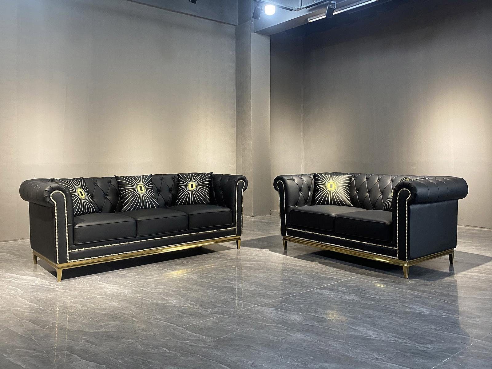 JVmoebel Chesterfield-Sofa Luxuriöse Couchgarnitur aus Lederfaserstoff in Schwarz mit Knöpfen, Set, Made in Europa