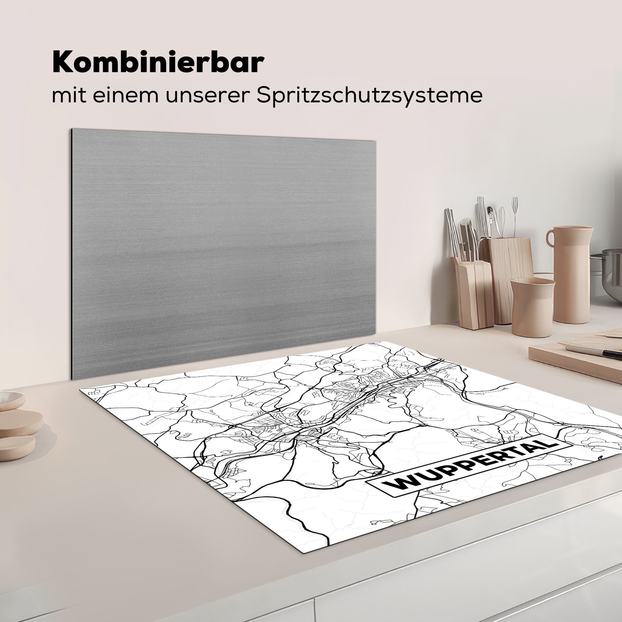 Karte Ceranfeldabdeckung, küche Herdblende-/Abdeckplatte tlg), Wuppertal - Stadtplan, für 78x78 - Karte Arbeitsplatte Vinyl, - (1 cm, MuchoWow