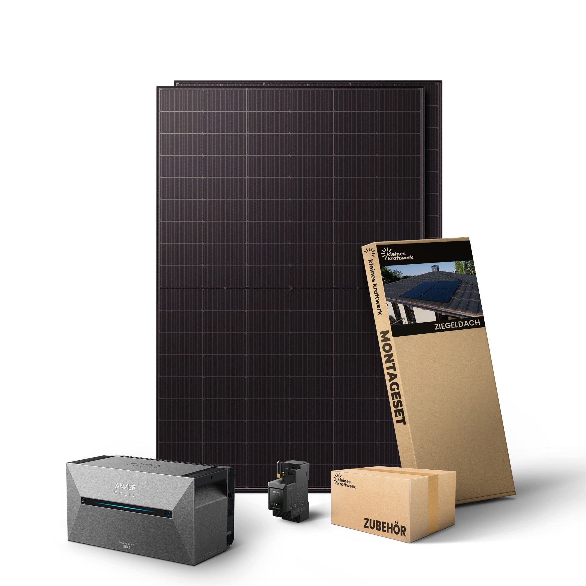 Kleines Kraftwerk Balkonkraftwerk, 1000 W, Monokristallin, (Ziegeldach, 0% MwSt für Privatkunden - Solaranlage Komplettset mit Speicher), 2 x 500W, Anker Solarbank 2 Pro, Wechselrichter